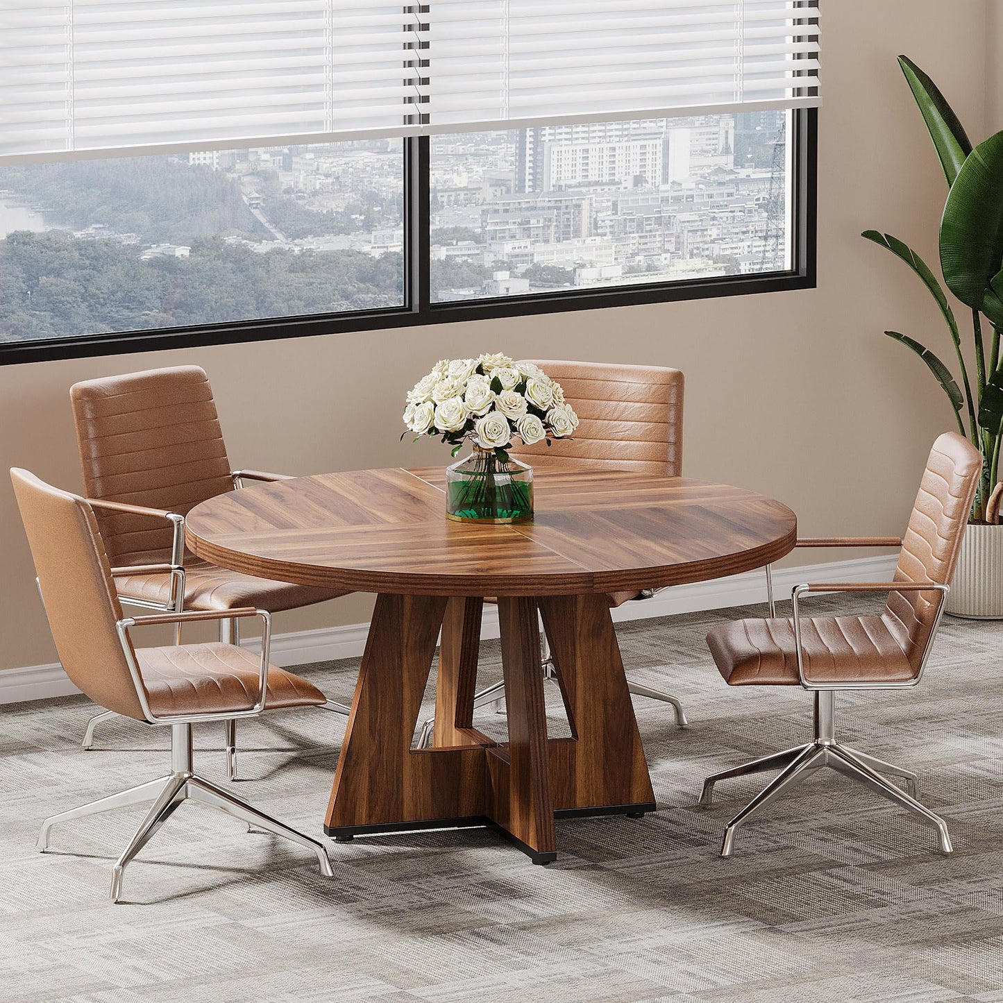 Tribesigns 47-Inch Round Conference Table for 4-6 People, Wooden Meeting Room Table with Thicken Tabletop and Wood Base (Grey)