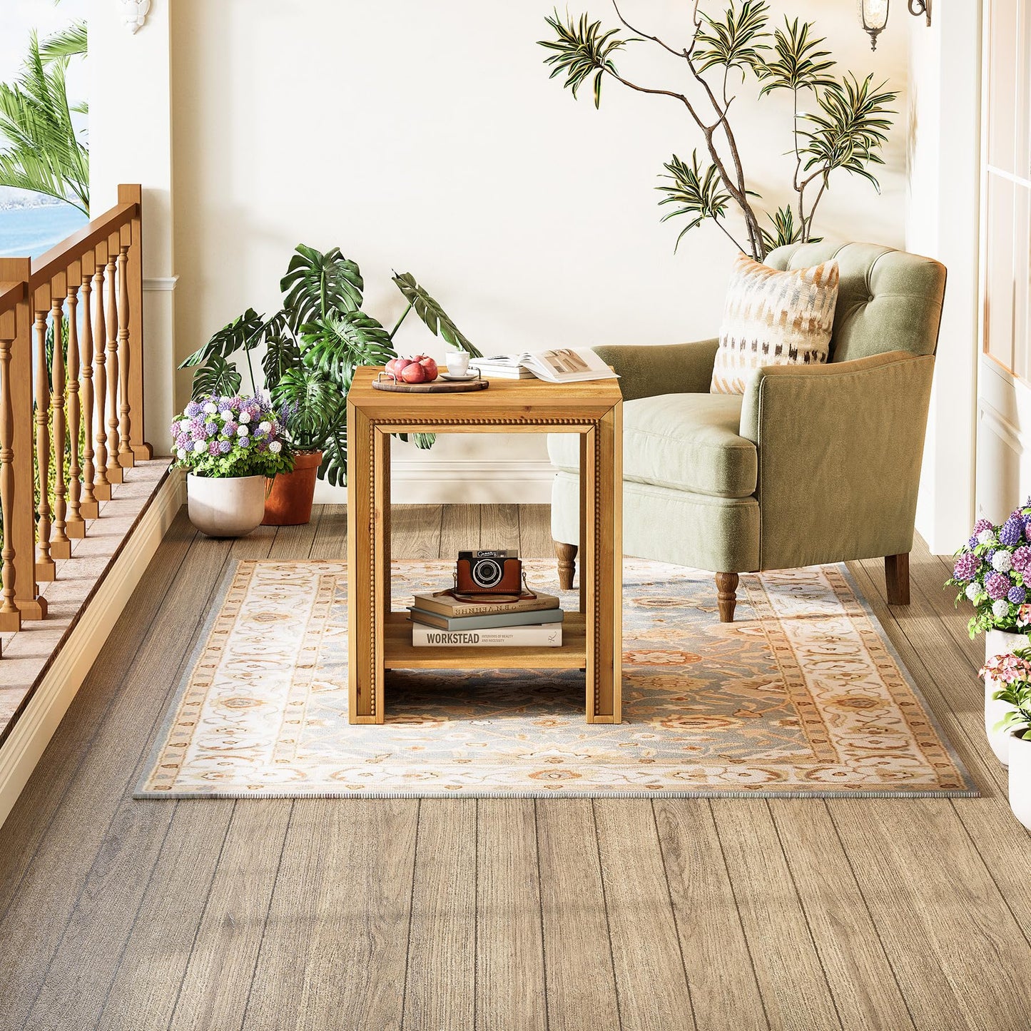 Solid Wood End Table, 2-Tier Farmhouse Side Table with Storage Shelves, Rustic Narrow Nightstand for Small Spaces, Living Room, Bedroom, Warm Brown (2)