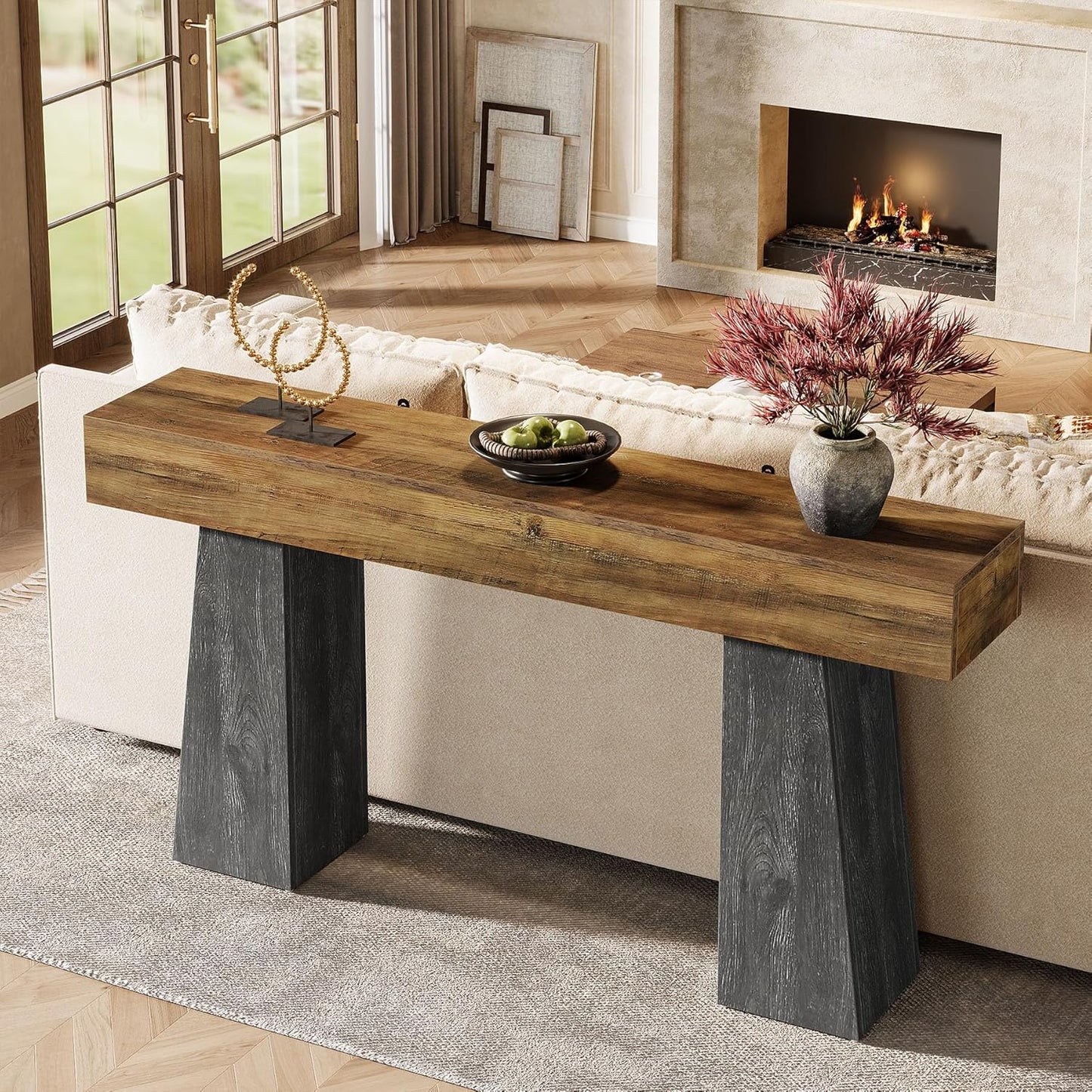 Tribesigns Farmhouse Entryway Table, 63-Inch Long Wooden Sofa Console Table, Rustic Console Behind Couch with Double Trapezoid Bases for Entrance Living Room Hallway
