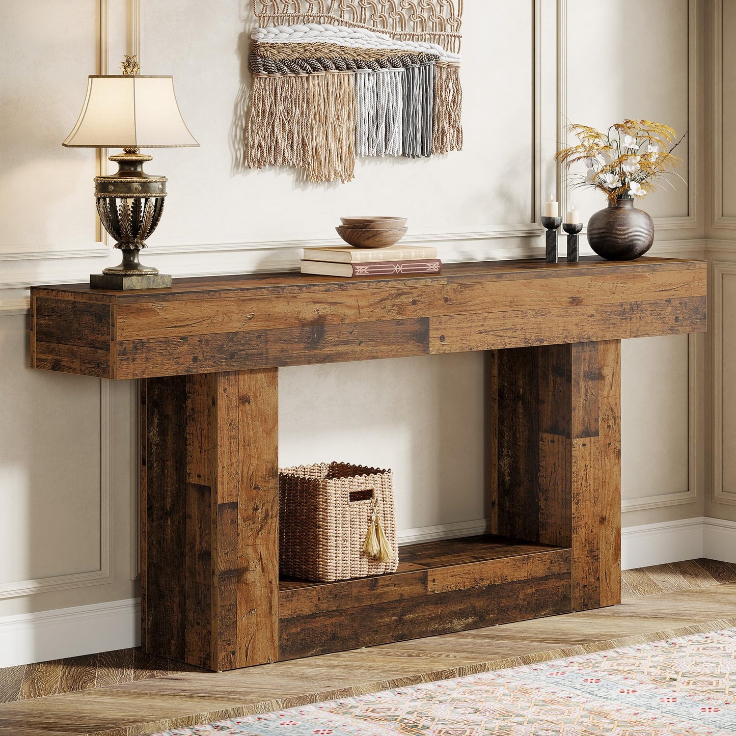 Tribesigns 63" Console Table, Farmhouse 2-Tier Entryway Table with U-Shaped Base, Narrow Long Wood Sofa Table Behind Couch Table for Living Room, Hallway, Foyer, Vintage Brown & Gray | Farmhouse