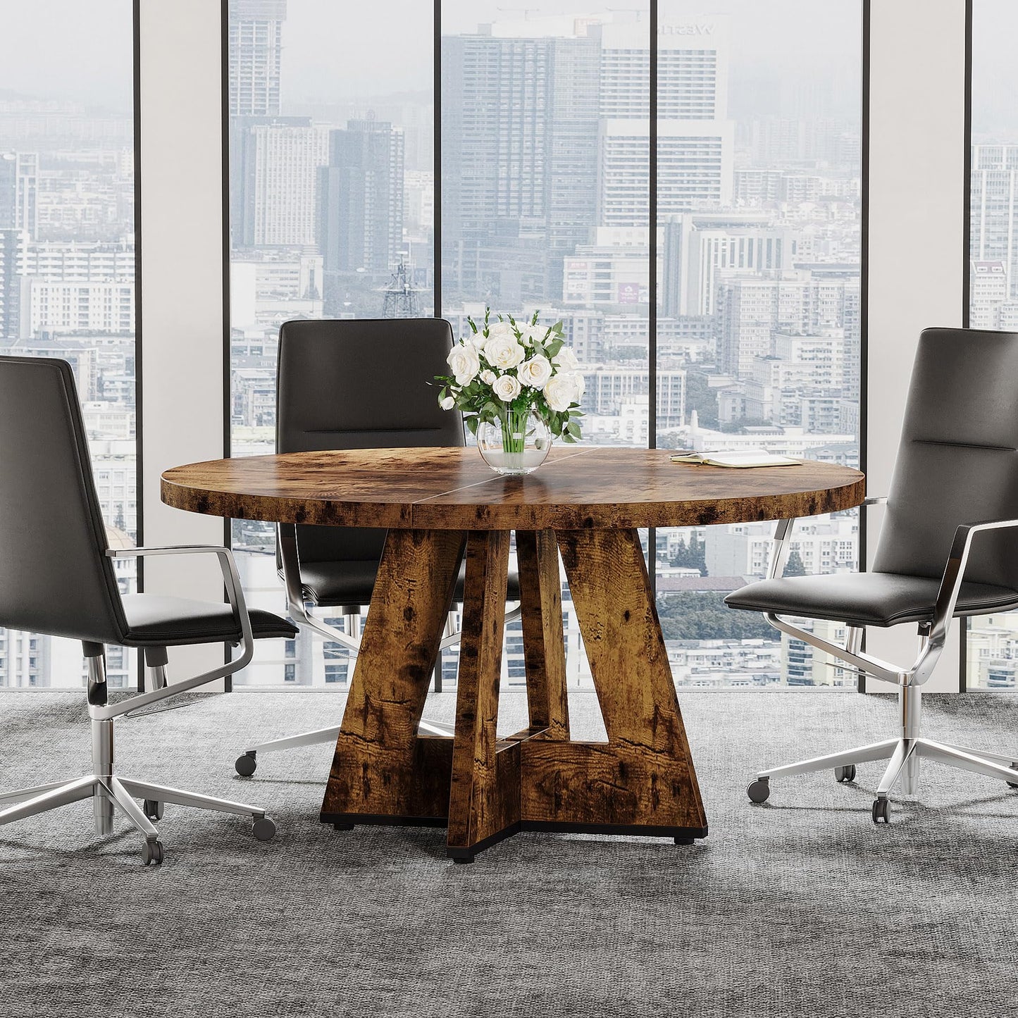 Tribesigns 47-Inch Round Conference Table for 4-6 People, Wooden Meeting Room Table with Thicken Tabletop and Wood Base (Grey)