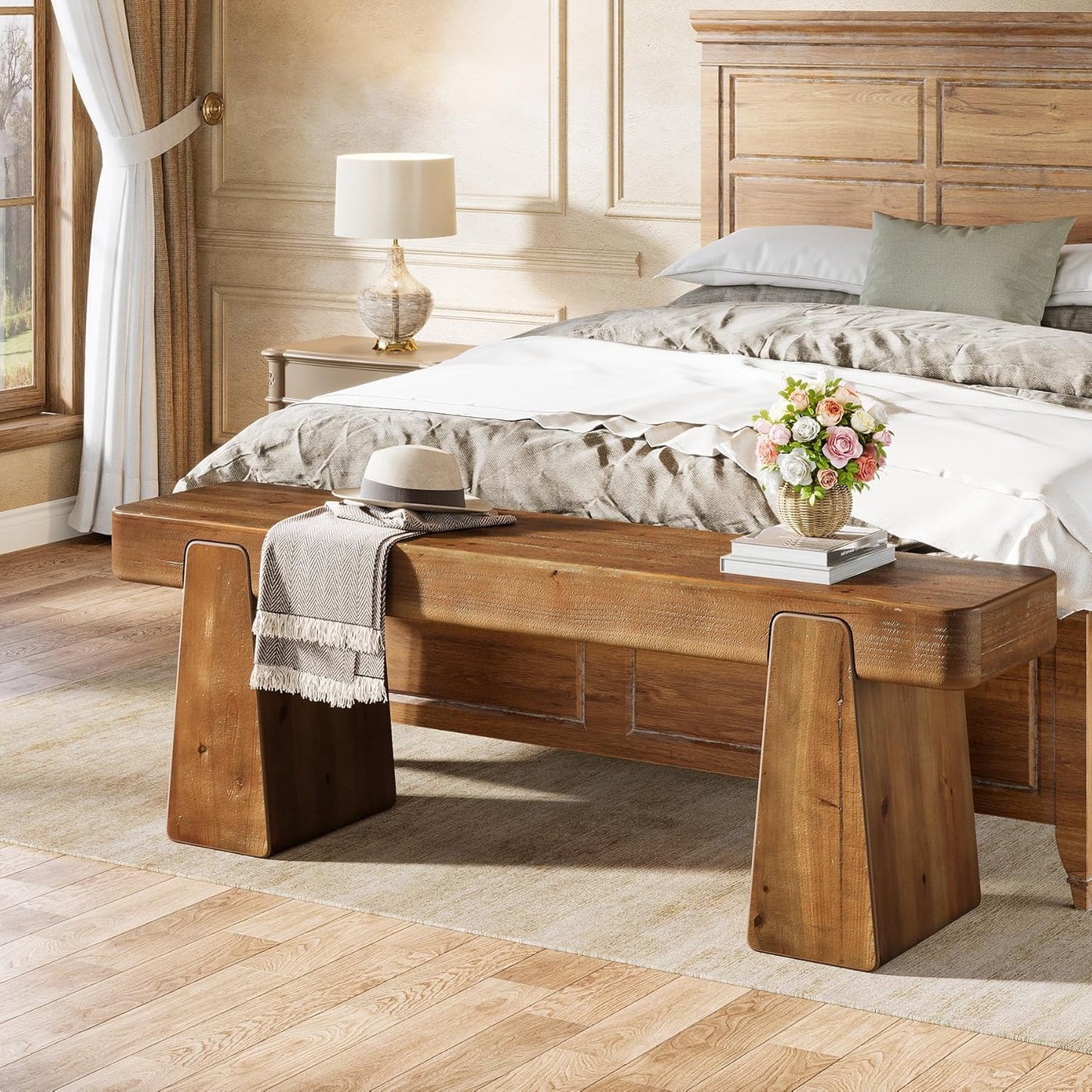 Solid Wood Bench, 47-Inch Farmhouse Wood Entryway Bench with Thickened Legs, Narrow Indoor Wooden Bench for Entry, Hallway, Living Room, End of Bed, Dark Brown