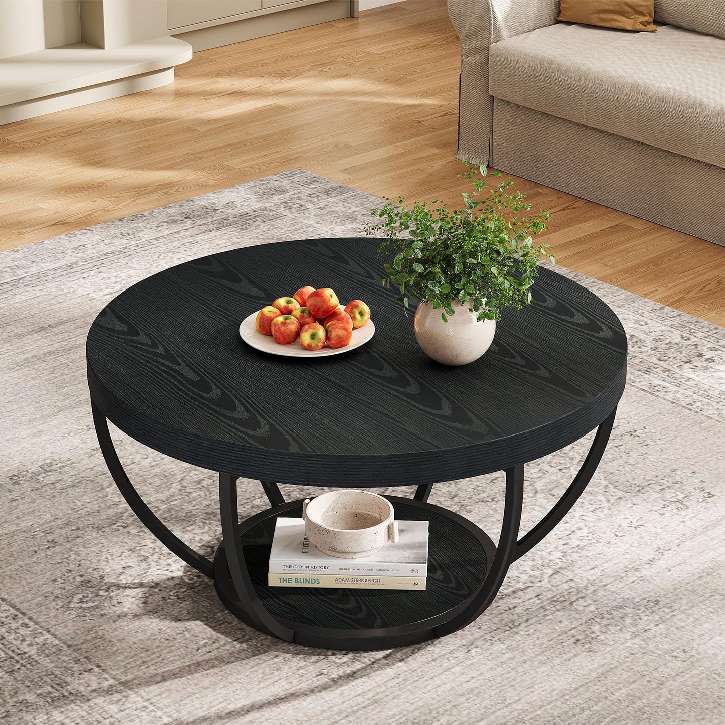 Tribesigns Round Coffee Table, 31.7" Wooden 2-Tier Circle Coffee Table with Storage Shelves, Modern Accent Cocktail Table Center Table for Living Room, Grey