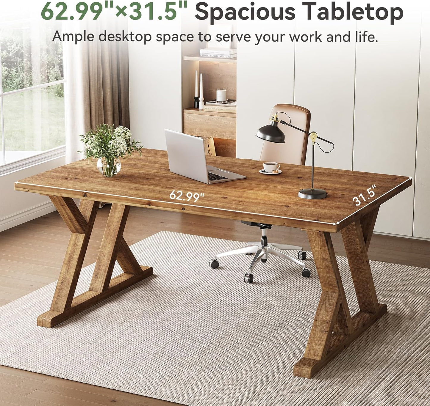63" Solid Wood Executive Desk for Home Office, Farmhouse Wooden Large Office Computer Desk, Writing Study Table Business Workstation with X Shaped Legs, Rustic Brown