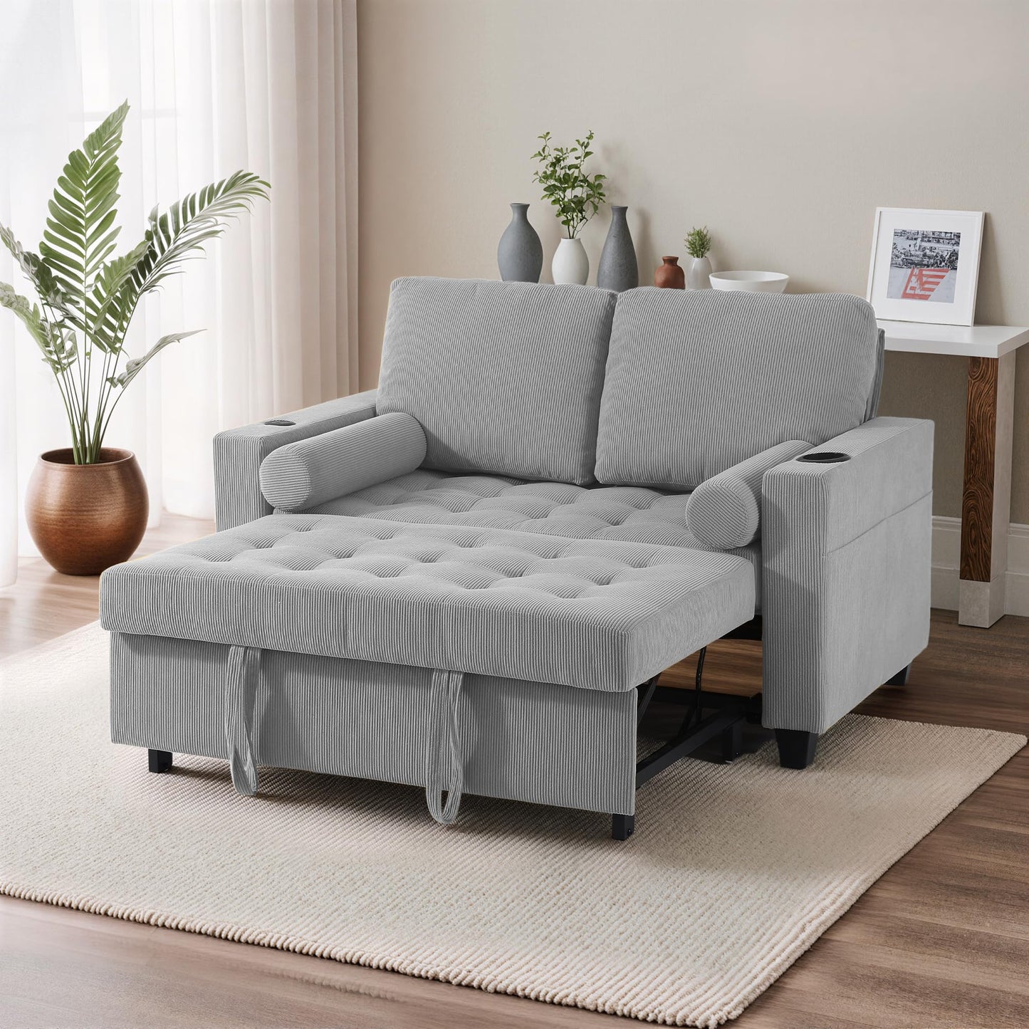 Sleeper Sofa Chair Bed, 3-in-1 Convertible Sleeper Chair with Pull Out Bed, Comfy Corduroy Sofa Bed Couch with Reclining Adjustable Backrest, USB Ports, Cup Holder, Side Pocket (Gray, 38.8")