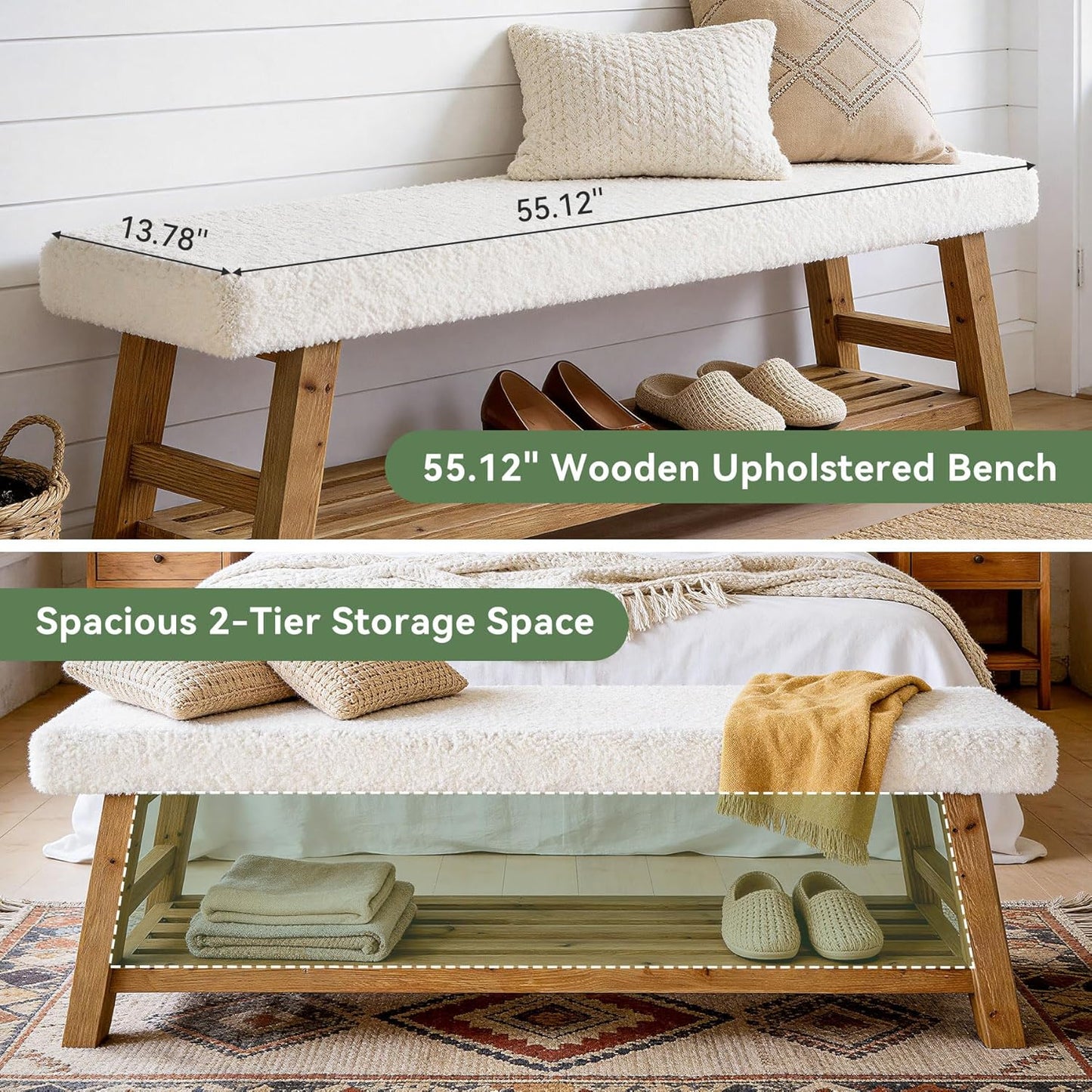 55-Inch Upholstered Entryway Bench, 2-Tier Solid Wood Shoe Bench with Cushion and Storage, Modern End of Bed Seating for Bedroom, Entryway, Hallway, Living Room, White & Brown