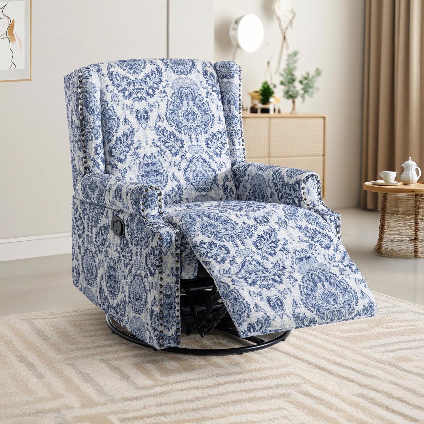 Swivel Rocker Recliner Chair, 360° Swivel Wingback Recliner Chairs for Adults, Upholstered Printed Fabric Glider Rocking Chair with High Back, Deep Seat for Living Romm Bedroom, Bird