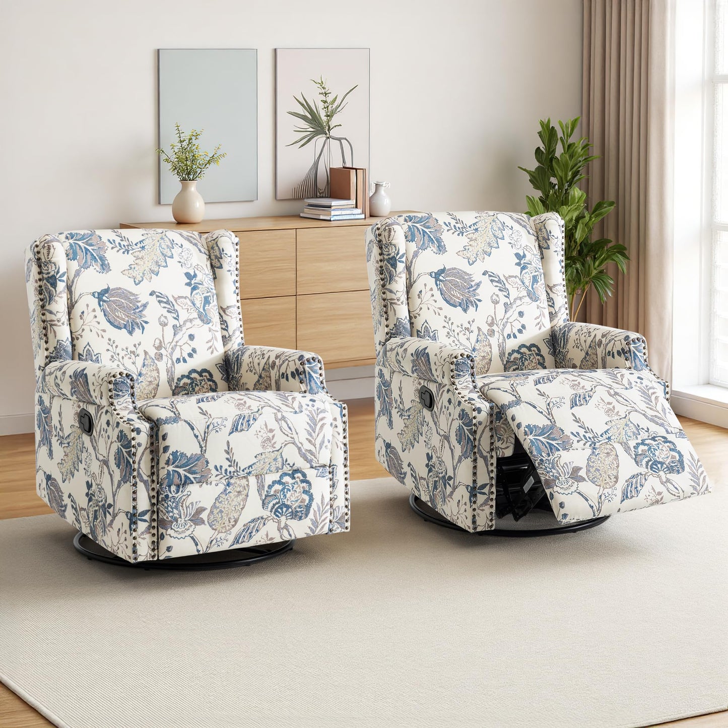 Swivel Rocker Recliner Chair, 360° Swivel Wingback Recliner Chairs for Adults, Upholstered Printed Fabric Glider Rocking Chair with High Back, Deep Seat for Living Romm Bedroom, Bird