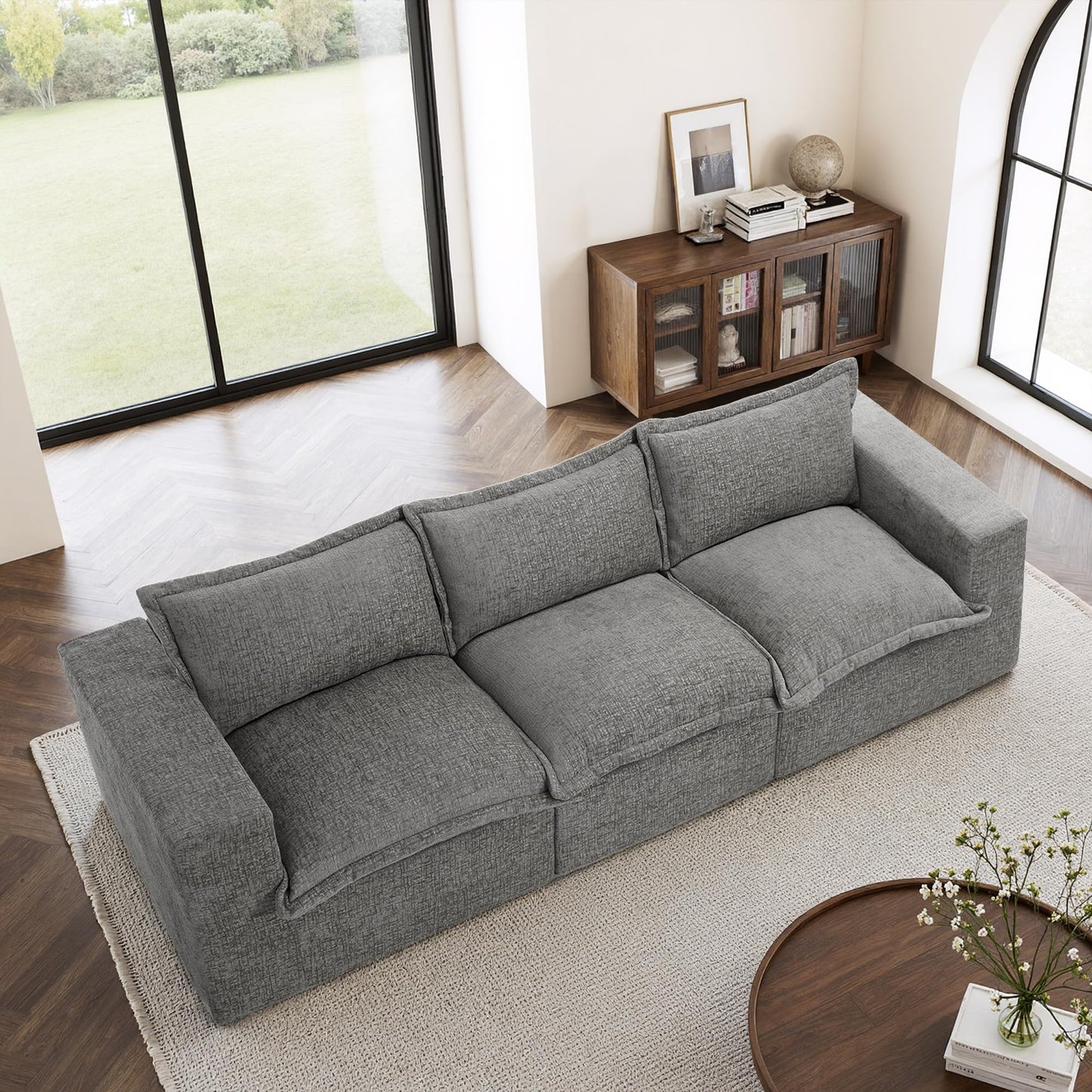 116" Modular Sectional Sofa, Comfy L Shaped Modular Coush Sofa with Ottoman, 3-Seat Chenille Cloud Couches Deep Seat Sofa for Living Room, Apartment, Small Spaces, Beige