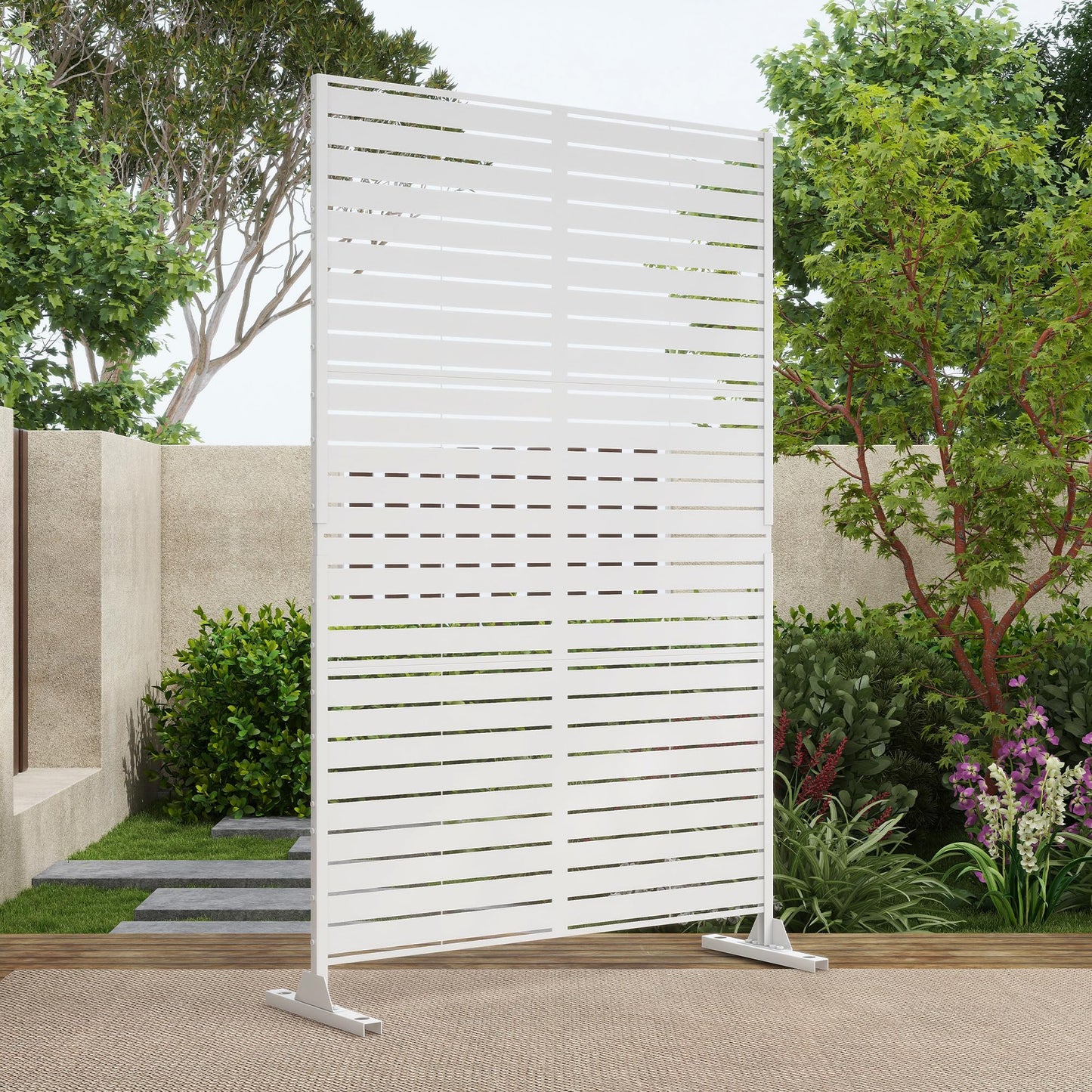 Outdoor Metal Privacy Screen with Stand, 72" H x 47" W Freestanding Outdoor Patio Divider, Decorative Patio Privacy Fence Panel for Garden Backyard Balcony Porch (Brown-Crossbanding)