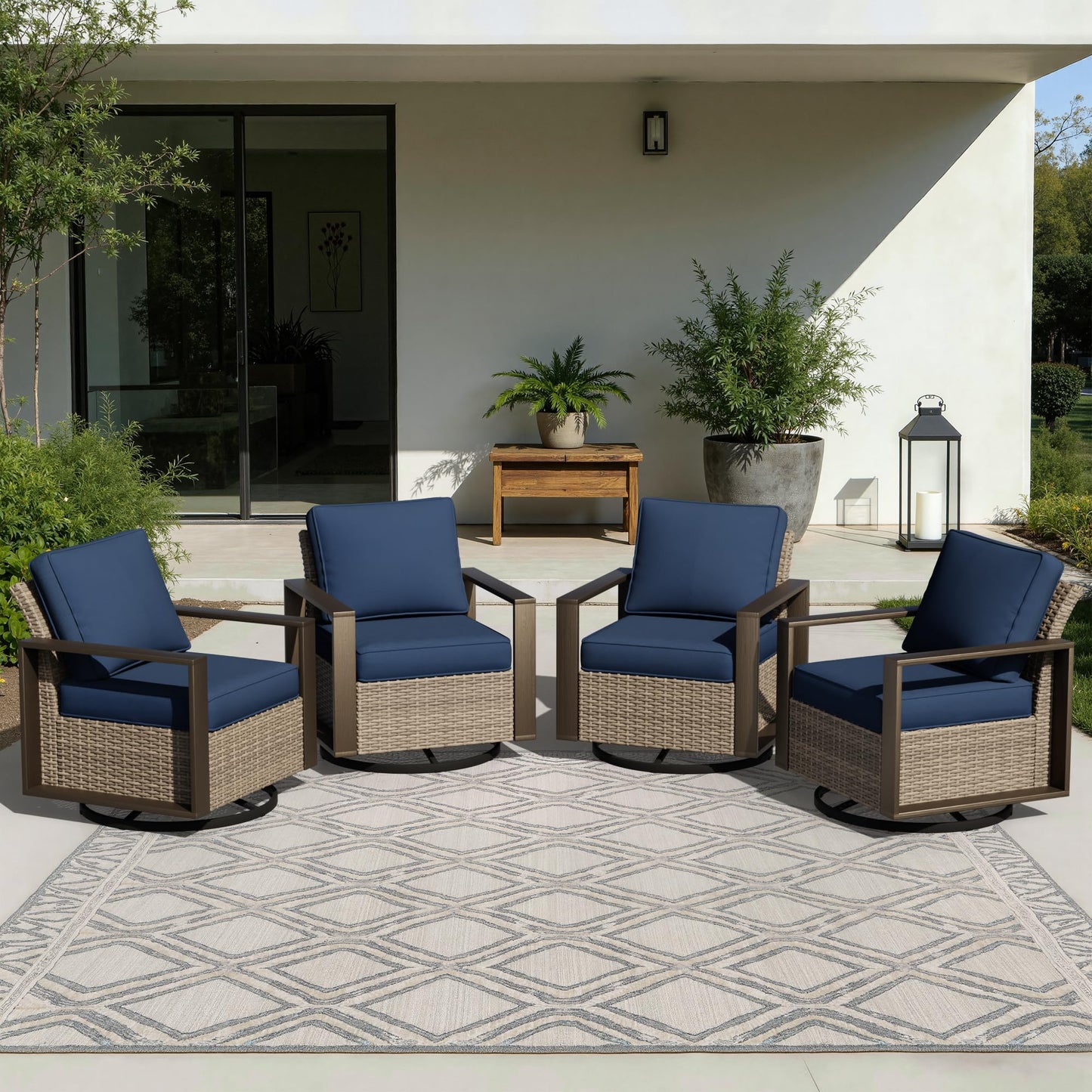 Joyside Outdoor Patio Swivel Rocker Chairs, 3 Pieces Wicker Furniture Set, 2 Swivel Rocking Chairs and 1 Table, Metal Wide Armrest, Thick Cushions and Deep Seating for Garden, Backyard, Porch, Deck