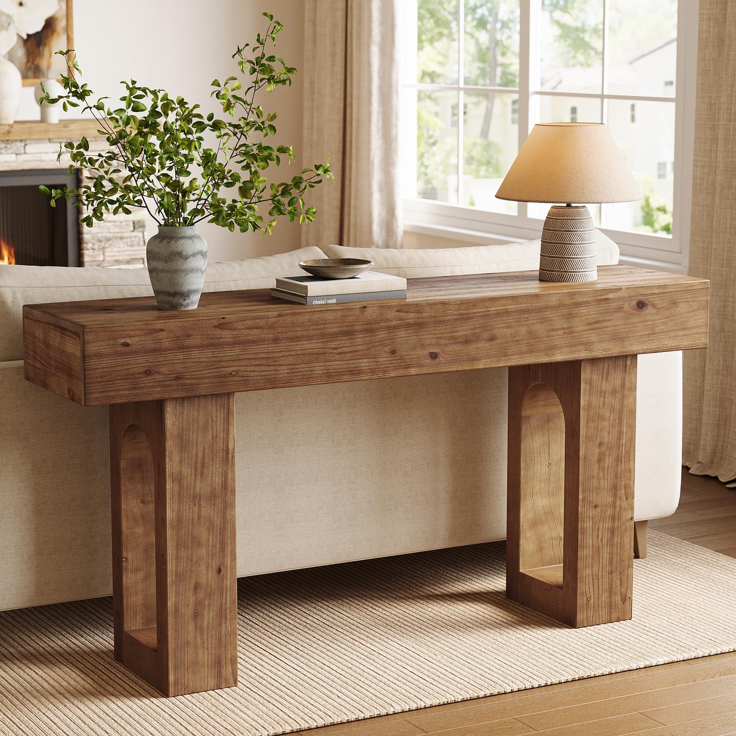 Solid Wood Console Table, 63-Inch Long Farmhouse Entryway Table, Sofa Console Behind Couch, for Foyer, Hallway, Living Room, Dark Brown