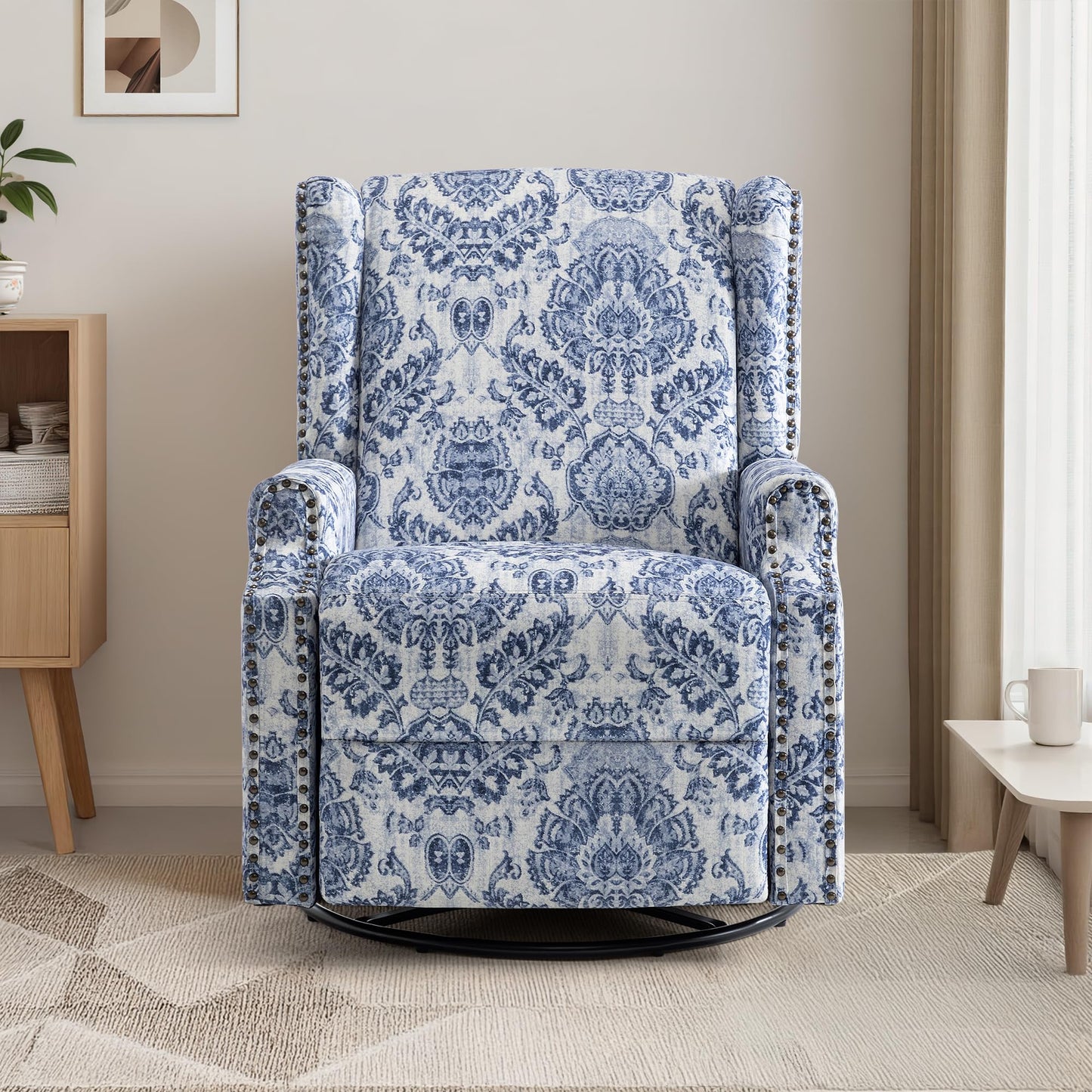 Swivel Rocker Recliner Chair, 360° Swivel Wingback Recliner Chairs for Adults, Upholstered Printed Fabric Glider Rocking Chair with High Back, Deep Seat for Living Romm Bedroom, Bird