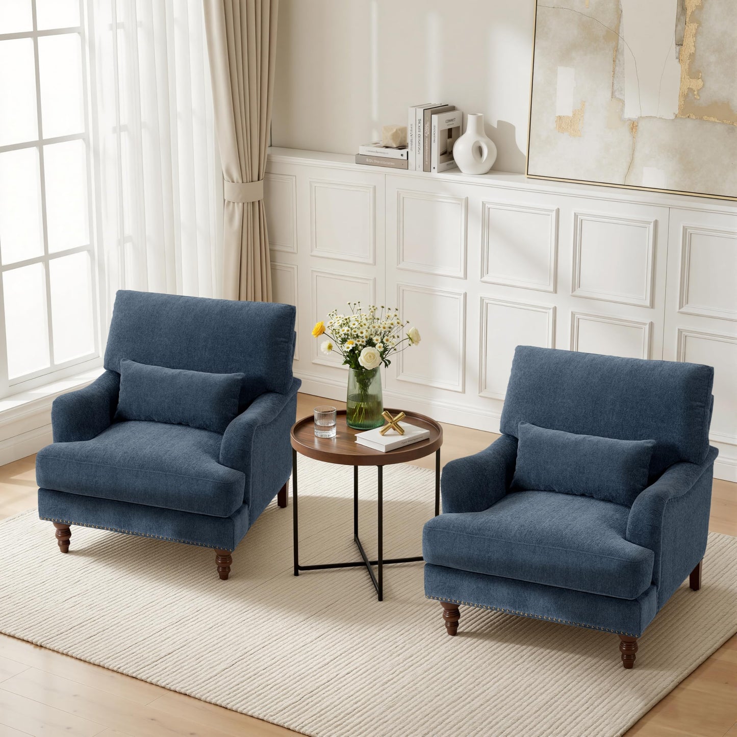 Accent Chair for Living Room, Upholstered Armchair with Nailhead Trim & Solid Wood Legs, Mid Century Modern Club Chair for Bedroom/Reading Room, Rococo Green