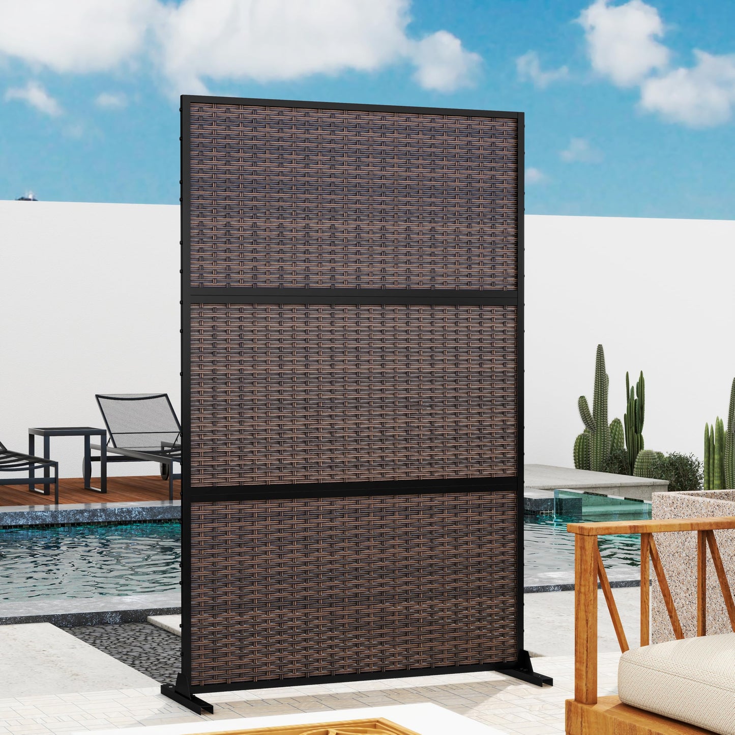 Outdoor Metal Privacy Screen with Stand, 72" H x 47" W Freestanding Outdoor Patio Divider, Decorative Patio Privacy Fence Panel for Garden Backyard Balcony Porch (Brown-Crossbanding)