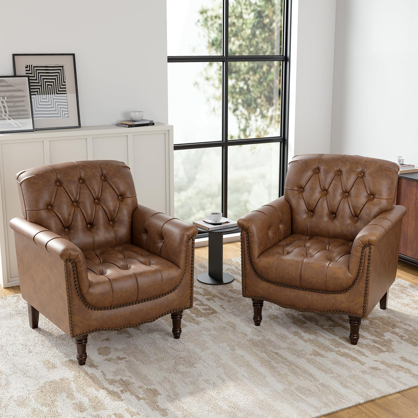 Faux Leather Club Chair, Retro Upholstered Armchair Accent Chair with Solid Wood Legs & Nailhead Trim for Living Room, Bedroom, Reading Room, Camel