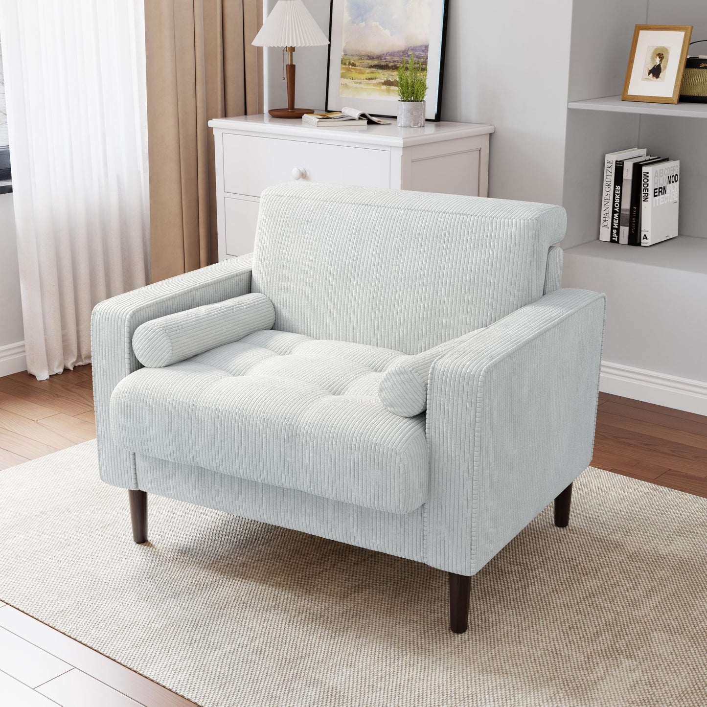 34.5" Arm Chair, Corduroy Fabric Modern Accent Chair, Comfy Upholstered Armchair Reading Chair with Solid Wood Legs for Living Room Bedroom Office, Yellow