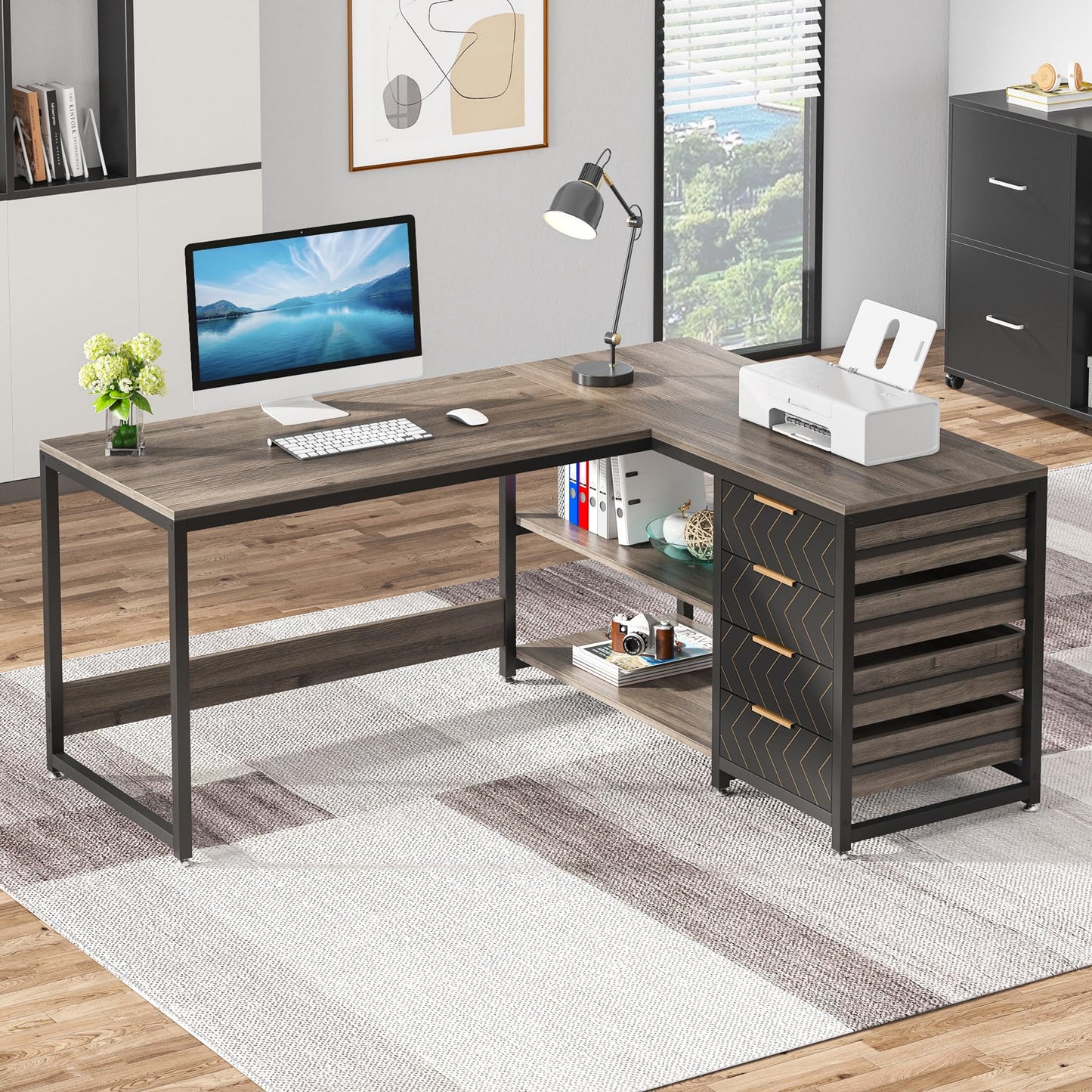 Tribesigns L Shaped Computer Desk with Storage Drawers, 59 inch Corner Desk with Shelves, Reversible L-Shaped Office Desk Study Writing Table Workstation for Home Office, Walnut & White