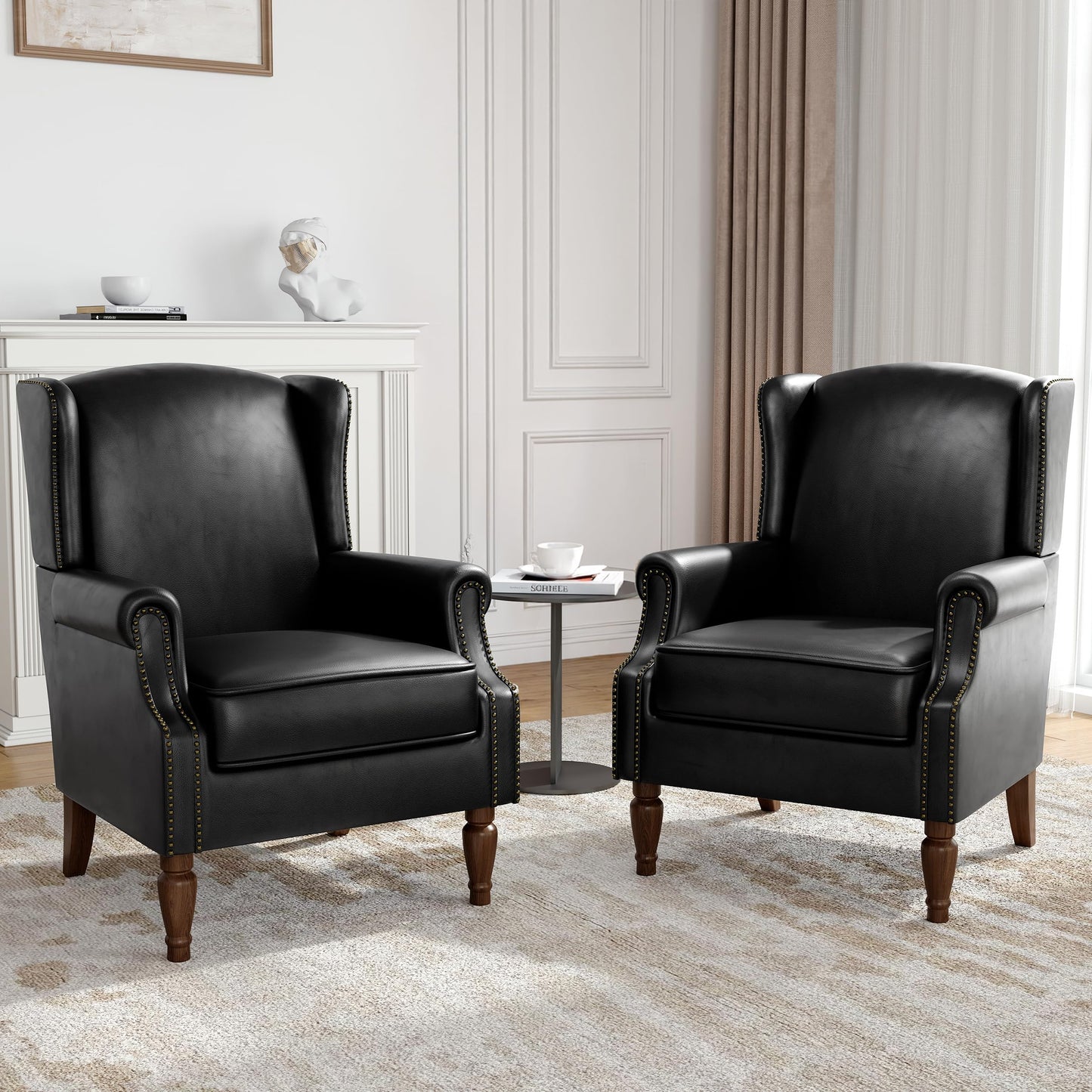 Floral Wingback Accent Chair, High Back Upholstered Armchair, Comfy Fabric Wingback Arms Chairs with Solid Wood Legs, Single Sofa Reading Chair for Bedroom Living Room, Beige