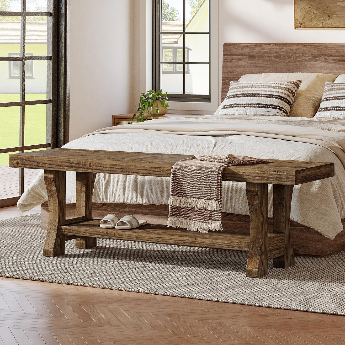 Solid Wood Entryway Bench, 55" End of Bed Bench, Long Indoor Dining Seat for Hallway, Bedroom, Living Room, Dining Room, Easy Assembly, Brown