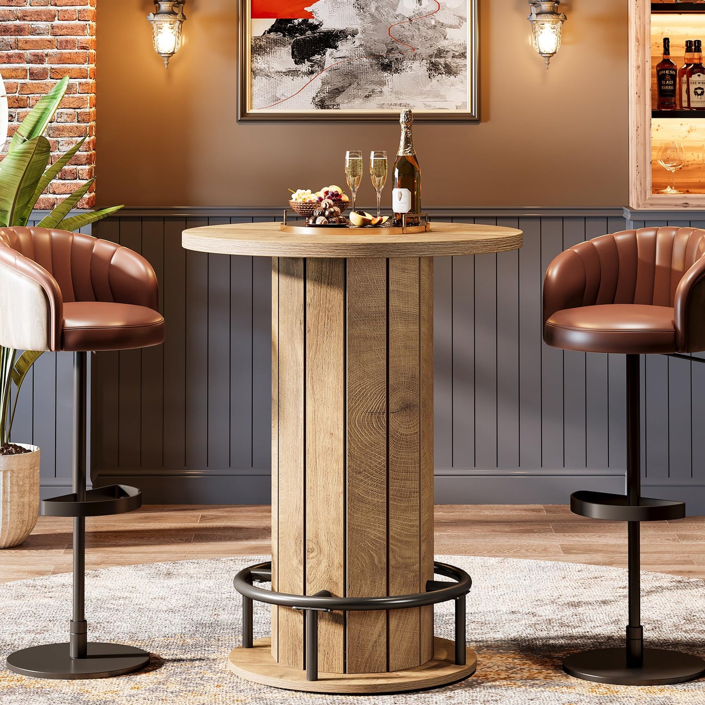 Tribesigns Round Bar Table, 39.4" H Wood Bistro Pub Table with Metal Ring Footrest for Dining Coffee Cocktail Living Room, Small Space, Black (Only Table)