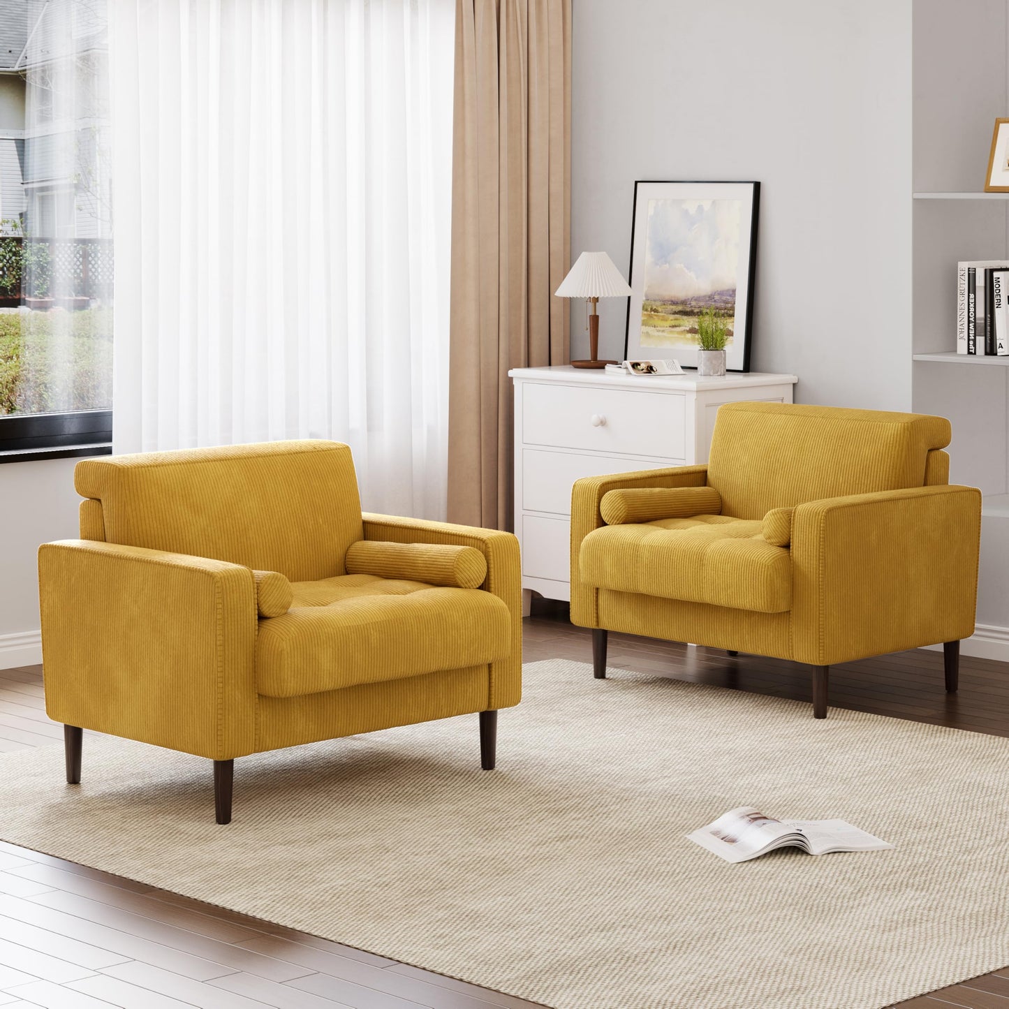 34.5" Arm Chair, Corduroy Fabric Modern Accent Chair, Comfy Upholstered Armchair Reading Chair with Solid Wood Legs for Living Room Bedroom Office, Yellow
