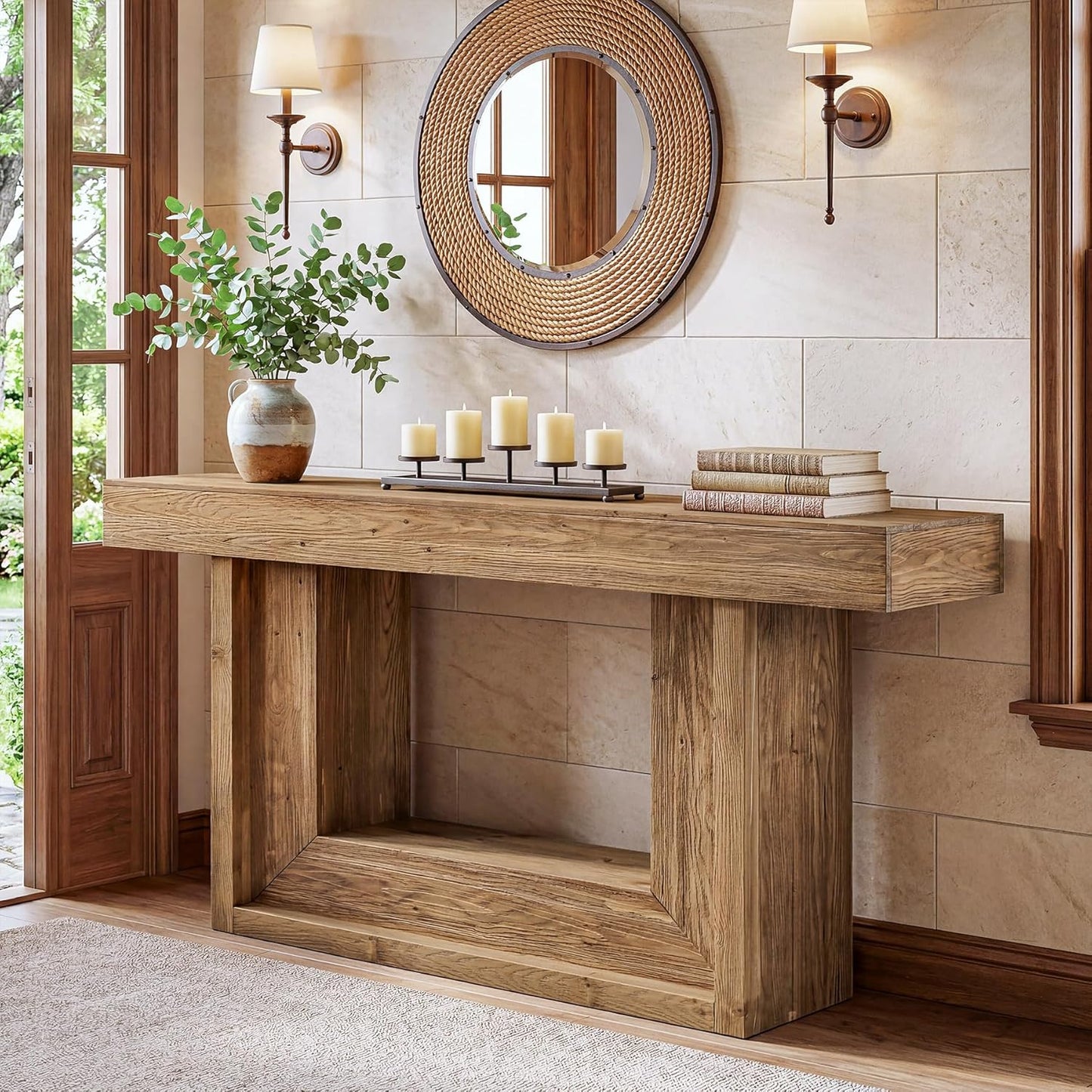 Wood Console Table, 63-Inch Farmhouse Entryway Table with Open Storage Shelf, Narrow Solid Wood Sofa Table Behind Couch for Living Room, Entrance, Foyer, Hallway, Natural