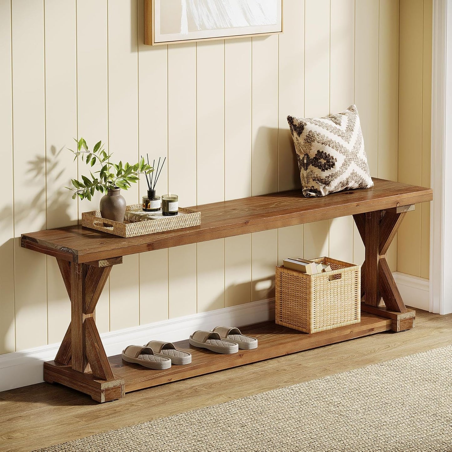59-Inch Solid Wood Entryway Bench, 2-Tier Narrow Farmhouse Foyer Shoe Bench with Open Shelf for Hallway, Mudroom, Bedroom, Natural Brown