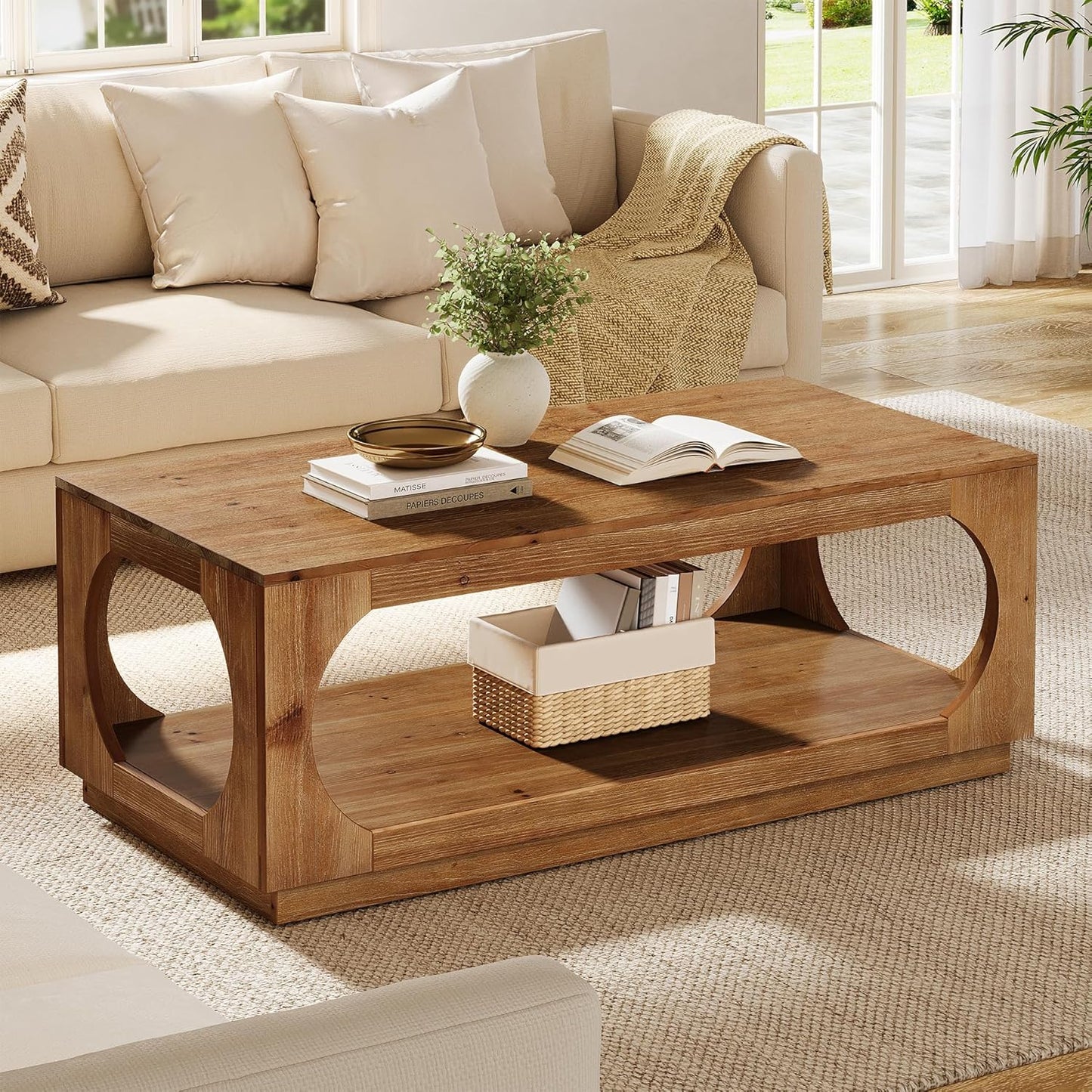 Solid Wood Coffee Table, 47.2" Farmhouse Wooden Center Tables with Storage for Living Room, 2-Tier Rectangular Cocktail Tea Table for Apartment, Home Office