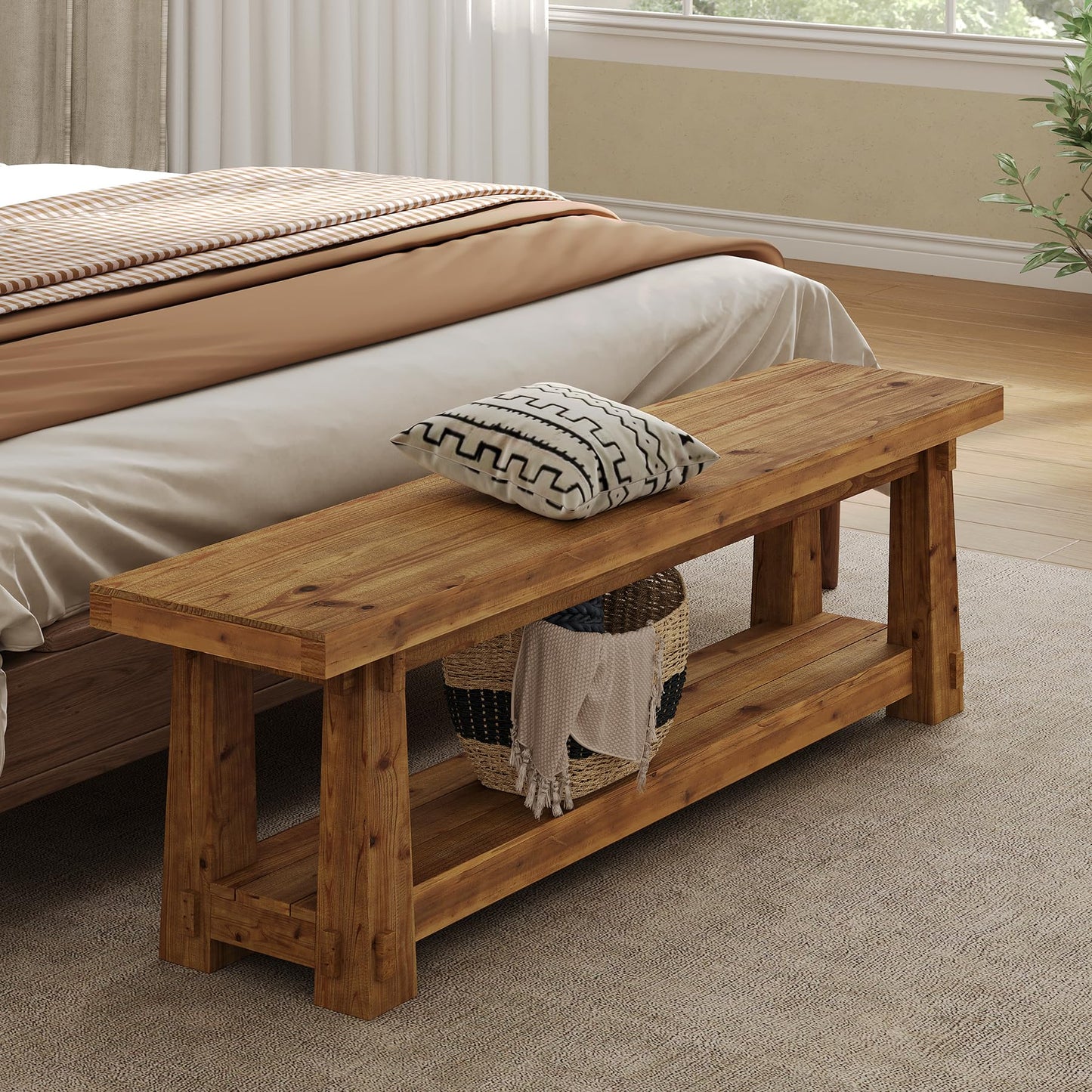 55" Solid Wood Entryway Bench with Shoe Storage, Rustic Wood Grain Shoe Rack Window Bench Seat for Foyer, Hallway, Mudroom, Bedroom, Easy Assembly (Rustic Light Wood)