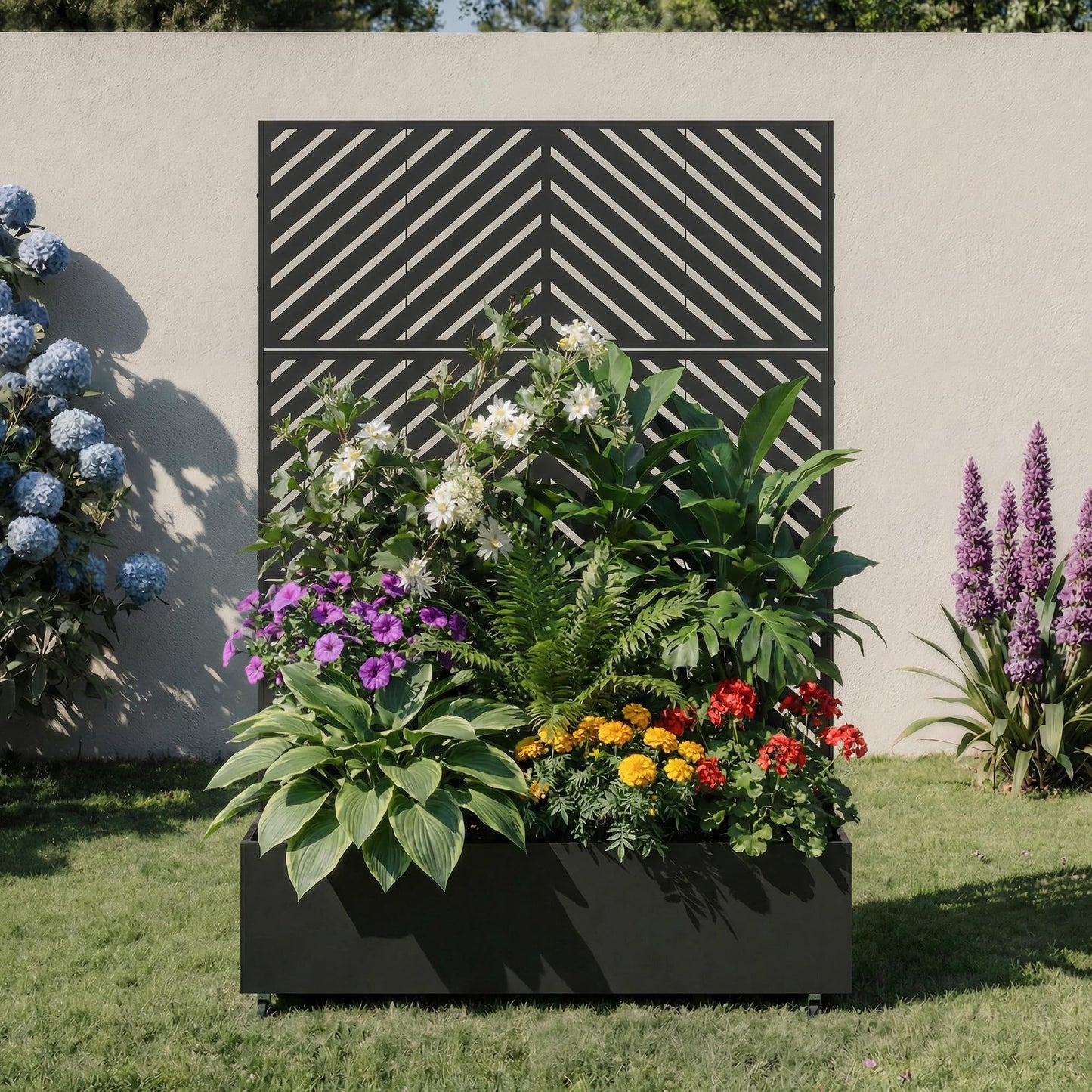 Metal Raised Garden Bed with Trellis and Wheels, 71"x47"x16" Planter Box with Privacy Screen & Drainage Holes, Arched Outdoor Garden Bed for Climbing Plants, Vegetables, Flowers (Black-Square)