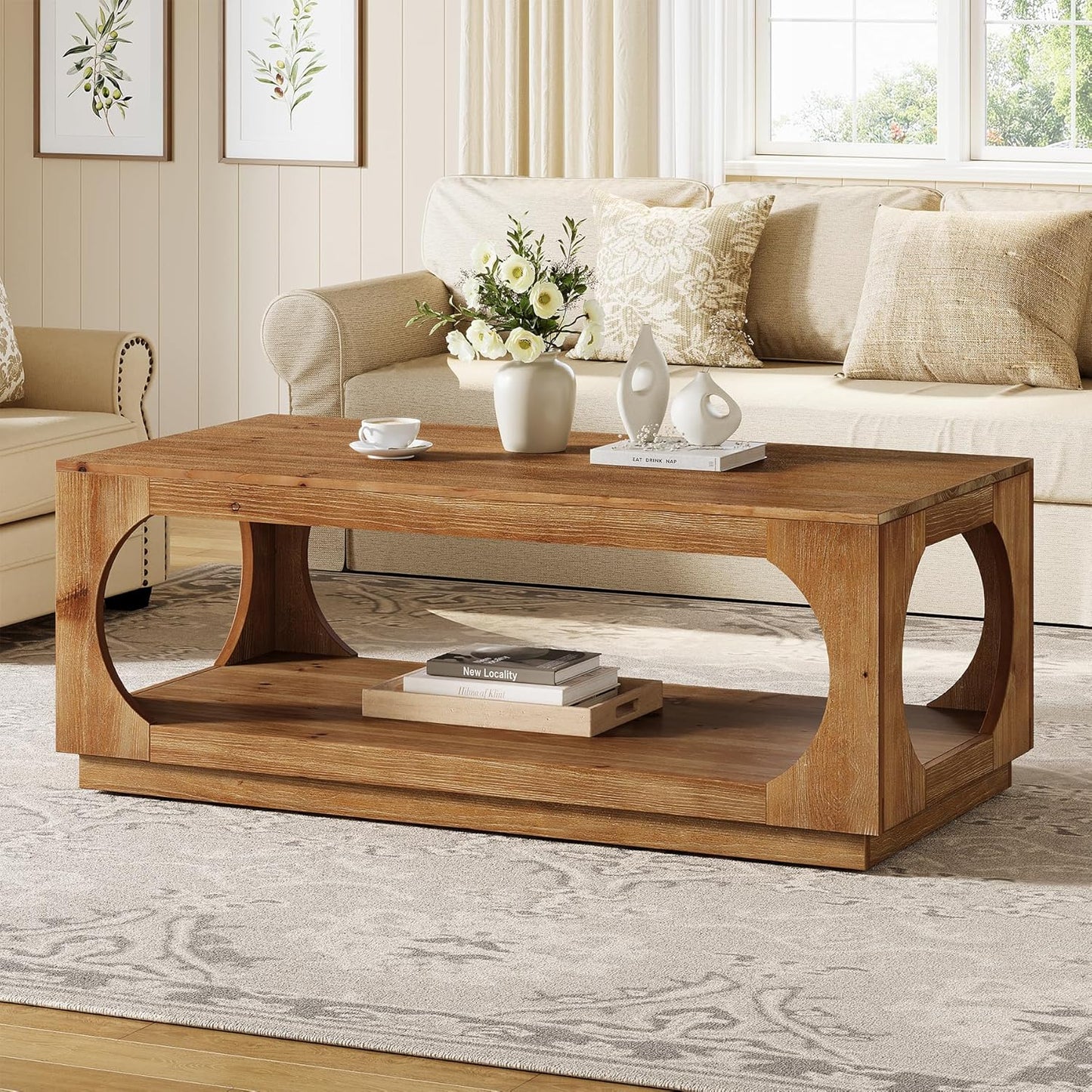 Solid Wood Coffee Table, 47.2" Farmhouse Wooden Center Tables with Storage for Living Room, 2-Tier Rectangular Cocktail Tea Table for Apartment, Home Office