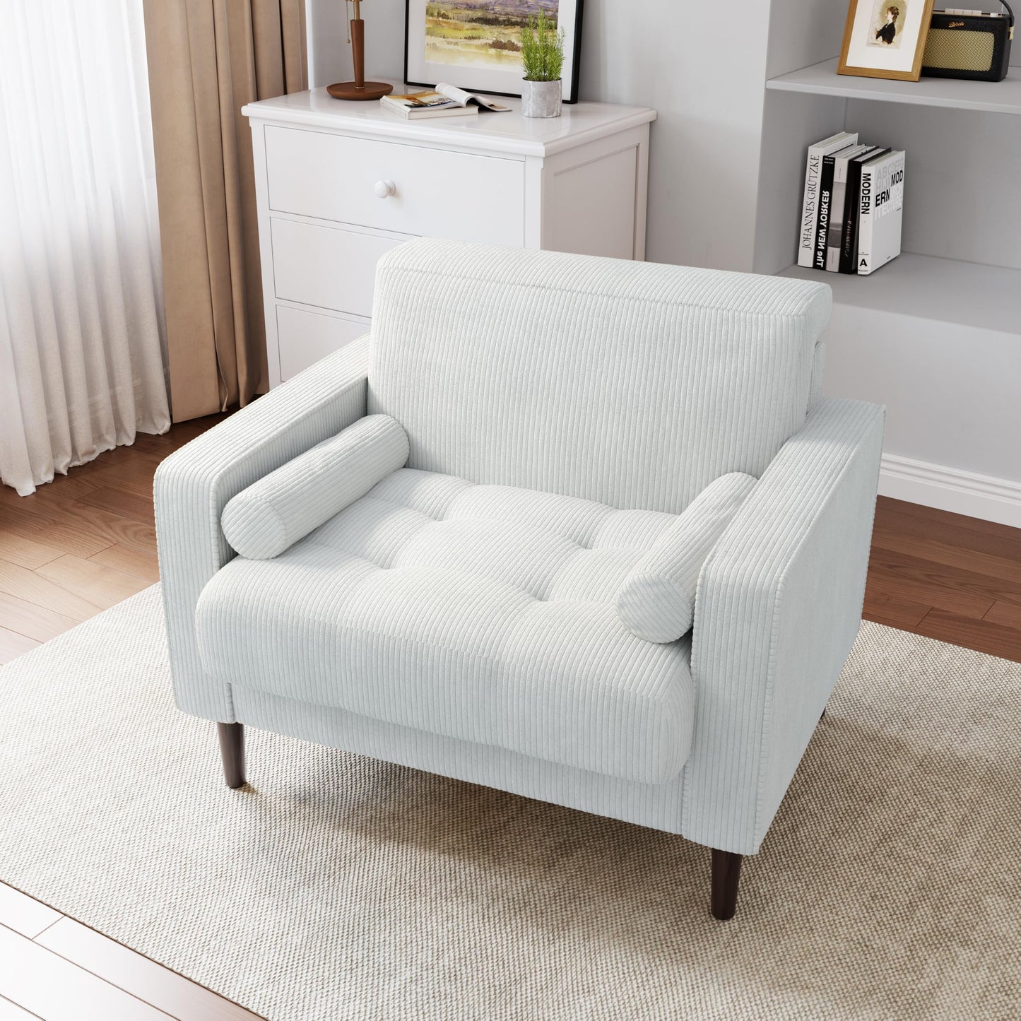 34.5" Arm Chair, Corduroy Fabric Modern Accent Chair, Comfy Upholstered Armchair Reading Chair with Solid Wood Legs for Living Room Bedroom Office, Yellow