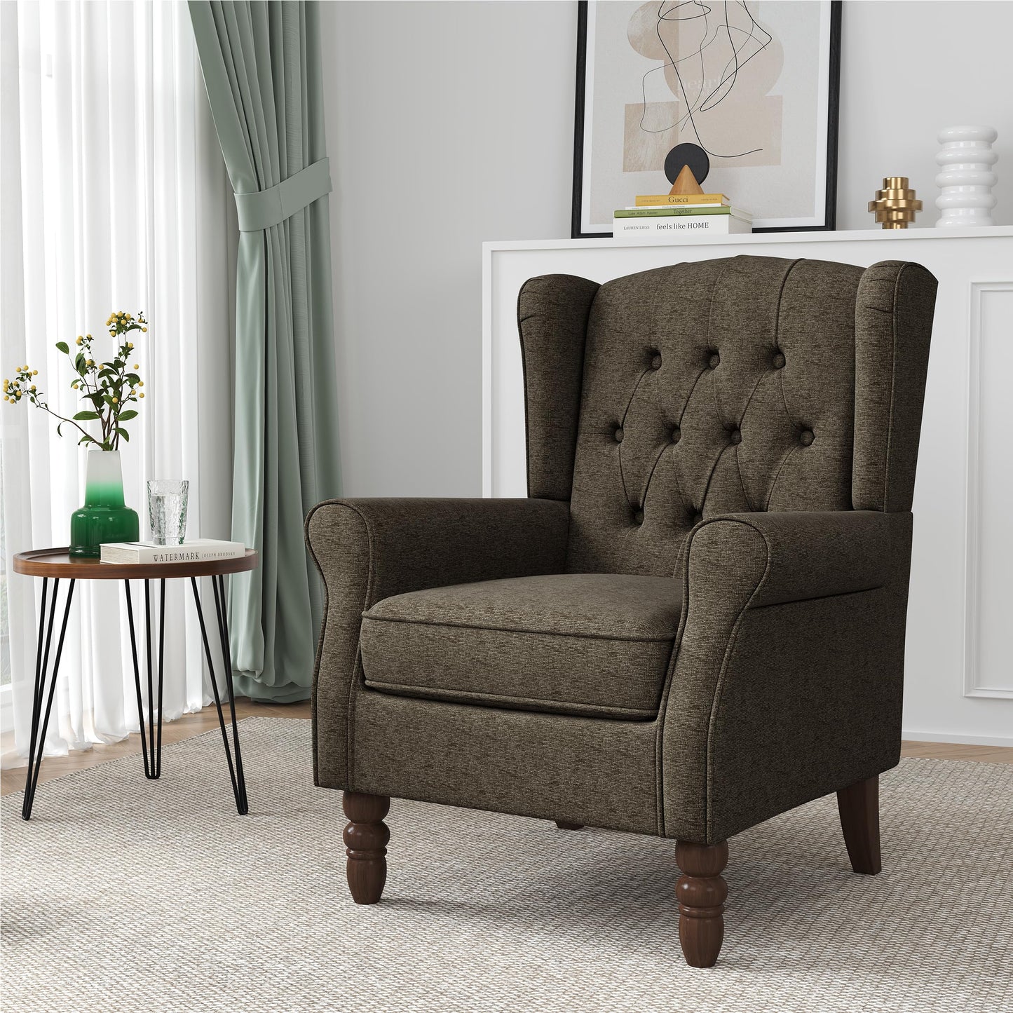 Faux Leather Wingback Chairs Set of 2, High Back Accent Chair for Living Room, Button-Tufted Upholstered Armchair with Solid Wood Legs, Comfy Reading Chair for Bedroom, Brown