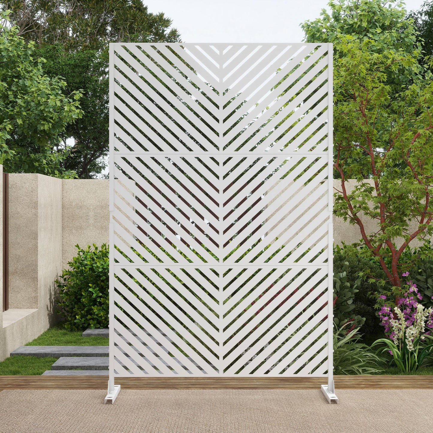 Outdoor Metal Privacy Screen with Stand, 72" H x 47" W Freestanding Outdoor Patio Divider, Decorative Patio Privacy Fence Panel for Garden Backyard Balcony Porch (Brown-Crossbanding)