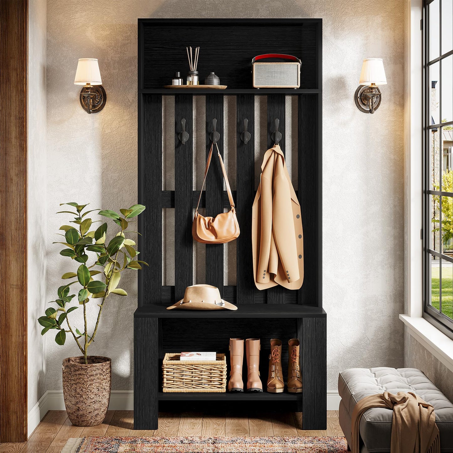 Tribesigns Hall Tree with Bench and Shoe Storage, Farmhouse Entryway Bench with Coat Racks, 70.8" Tall Wooden Hall Tree Organizer with 4 Hooks for Mudroom, Hallway, Bedroom, Space-Saving, Brown