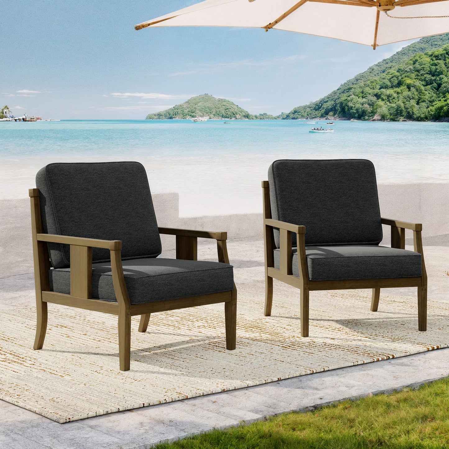 Outdoor Patio Armchairs Set of 2, All-Weather Solid Wood Patio Furniture Sets, Outdoor Sofa Chairs with Washable Thick Cushions for Porch, Balcony, Deck, Black Frame & Gray Cushion