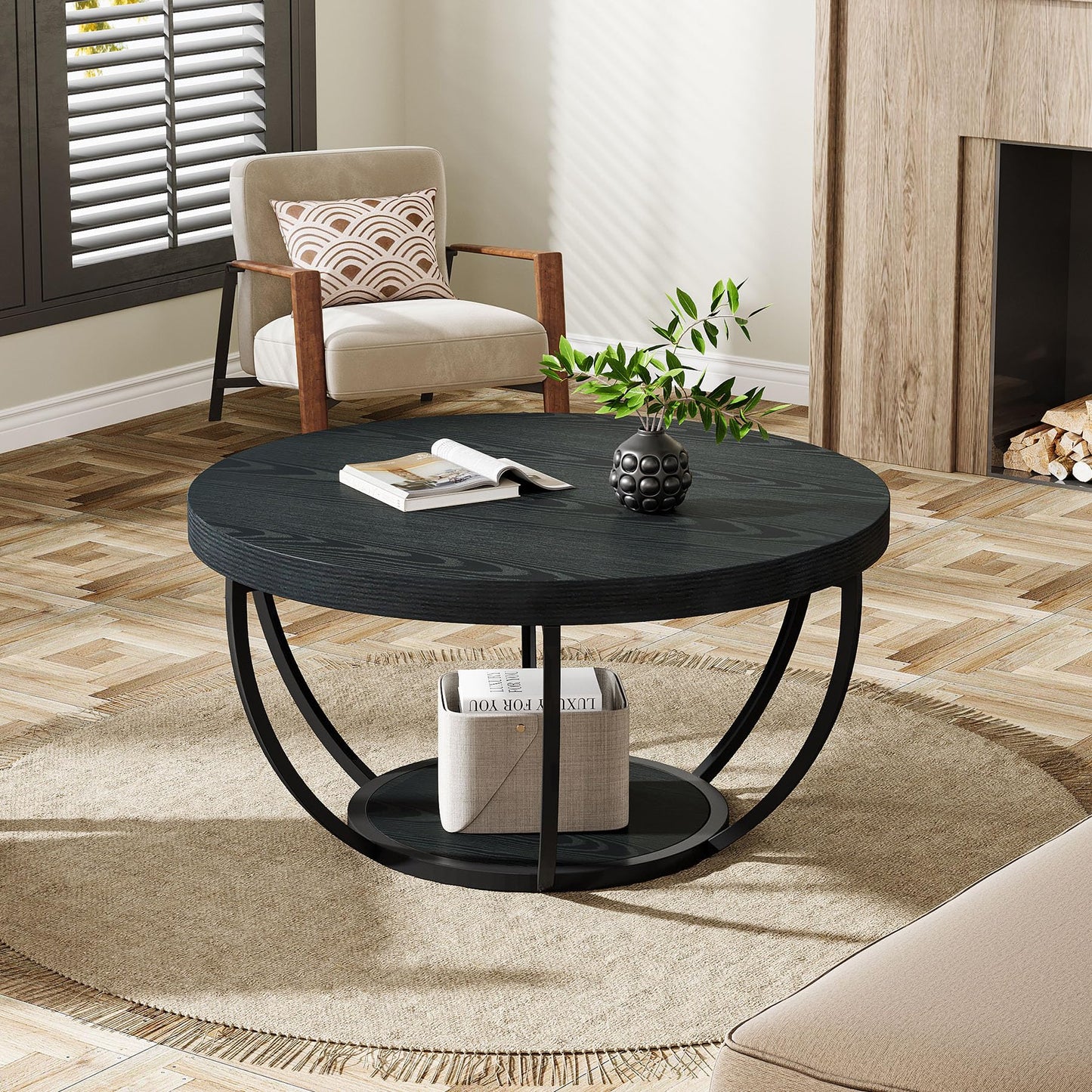 Tribesigns Round Coffee Table, 31.7" Wooden 2-Tier Circle Coffee Table with Storage Shelves, Modern Accent Cocktail Table Center Table for Living Room, Grey