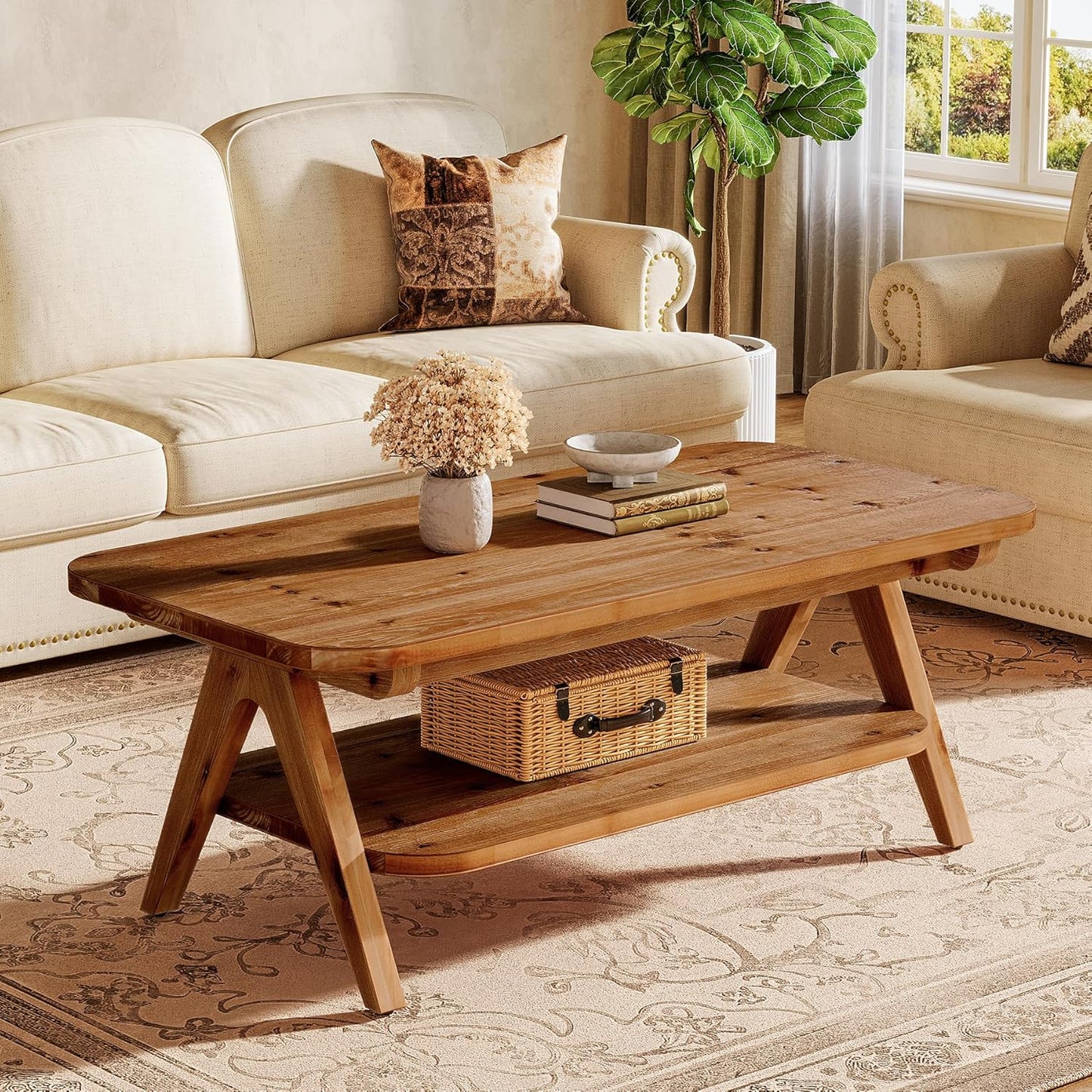 Solid Wood 2-Tier Coffee Table with Storage Shelf, 47" Brown Farmhouse Center Table for Living Room