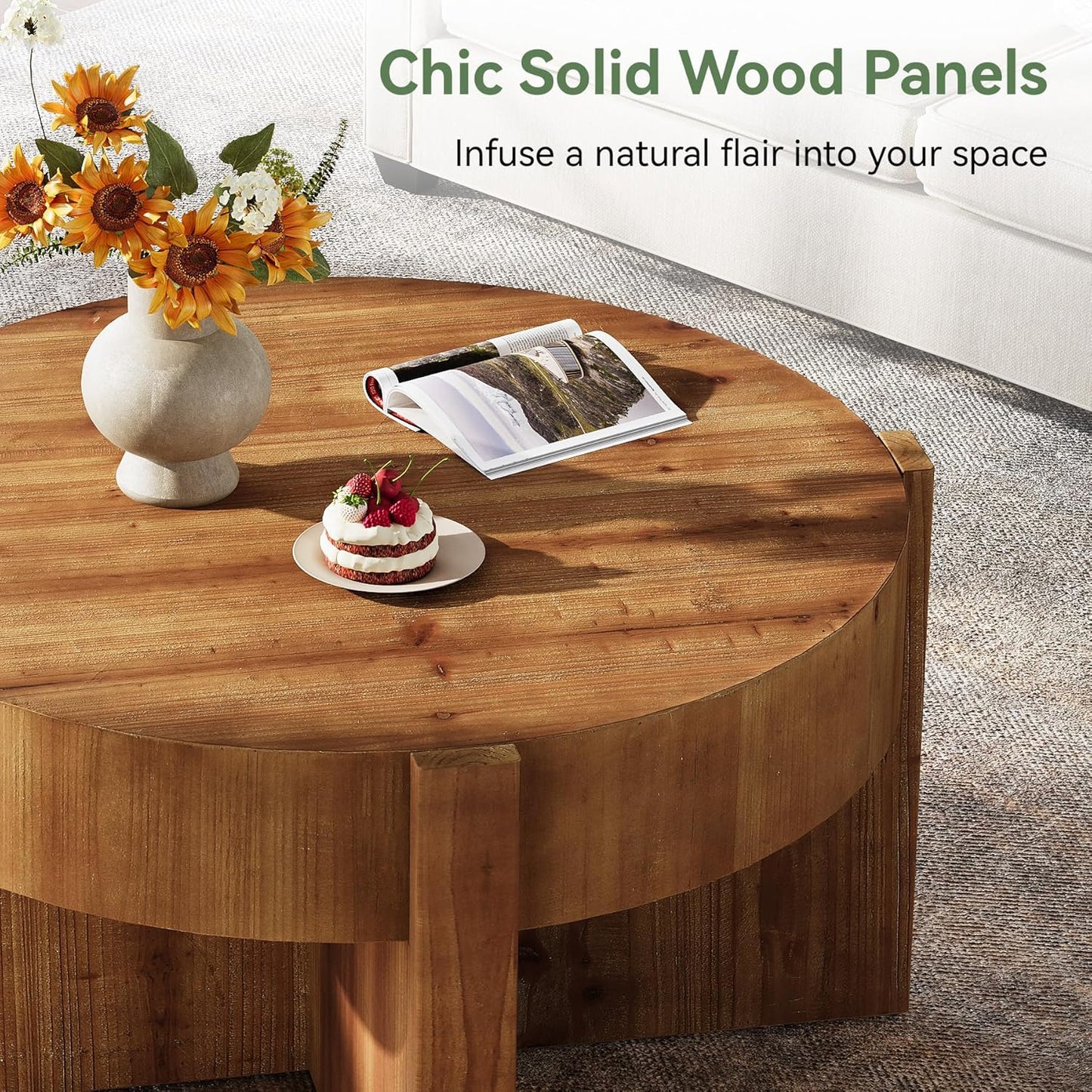 Solid Wood Round Coffee Table, 32 Inch Round Coffee Table for Living Room, Large Farmhouse Center Table with Thick Tabletop for Home, Easy Assembly, Rustic Brown
