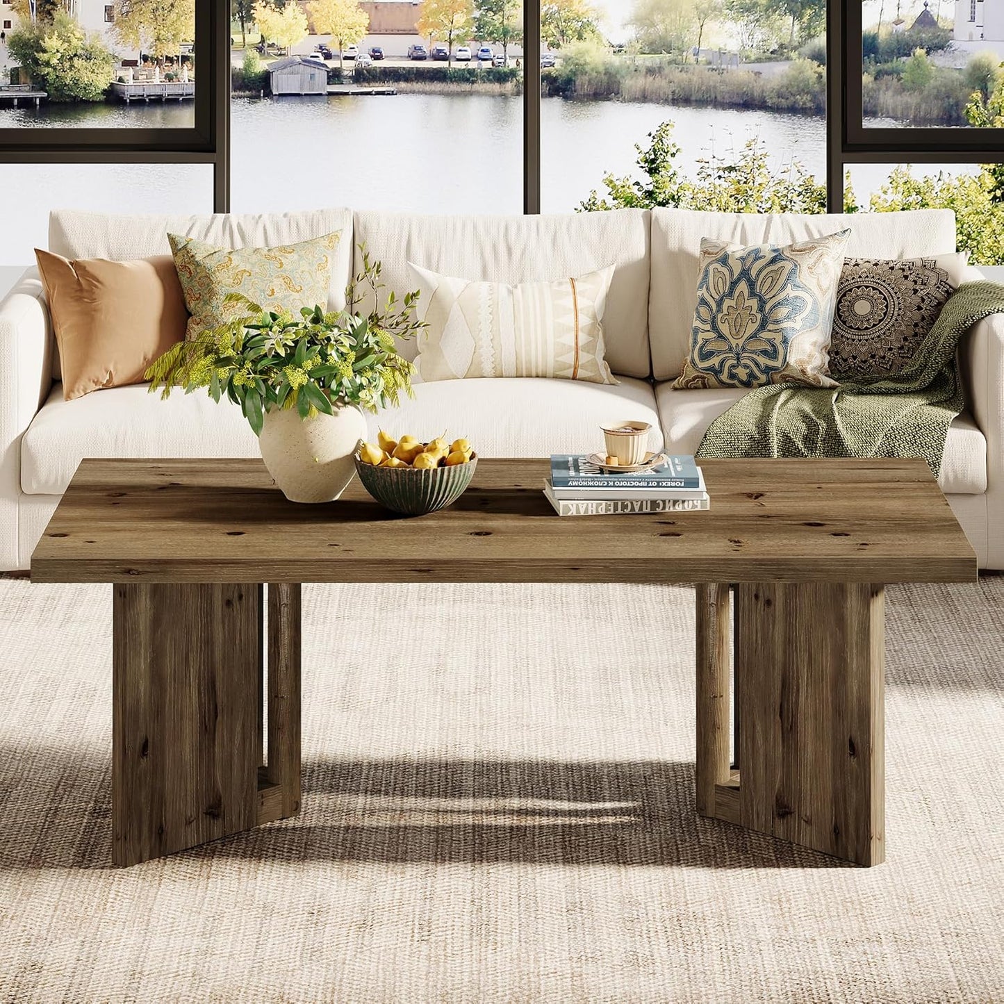 Wood Coffee Table, 47-Inch Farmhouse Rectangle Center Table with Triangle Legs, Rustic Long Tea Table for Living Room, Brown