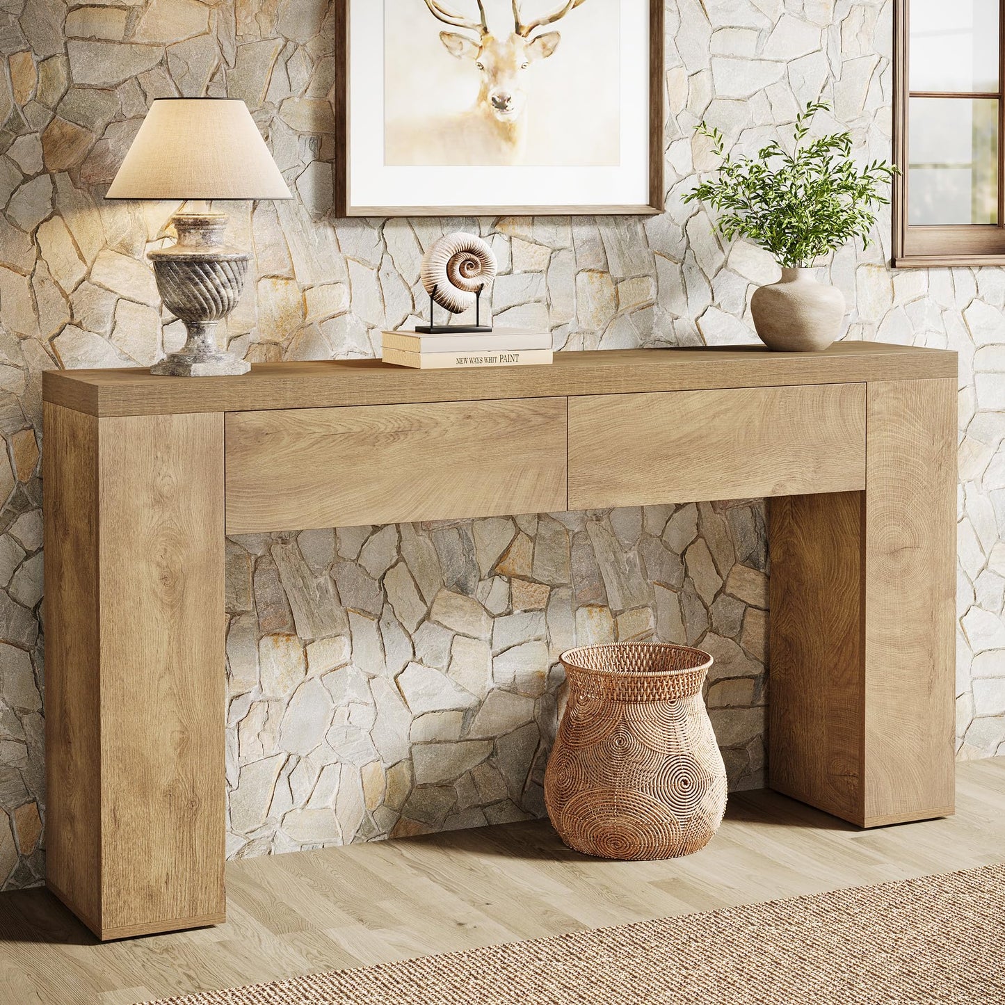 Tribesigns 63-Inch Wooden Console Table with 2 Hidden Drawers, Farmhouse Rustic Brown Sofa Table for Living Room, Hallway, Entrance, Foyer, Easy Assembly (Brown)