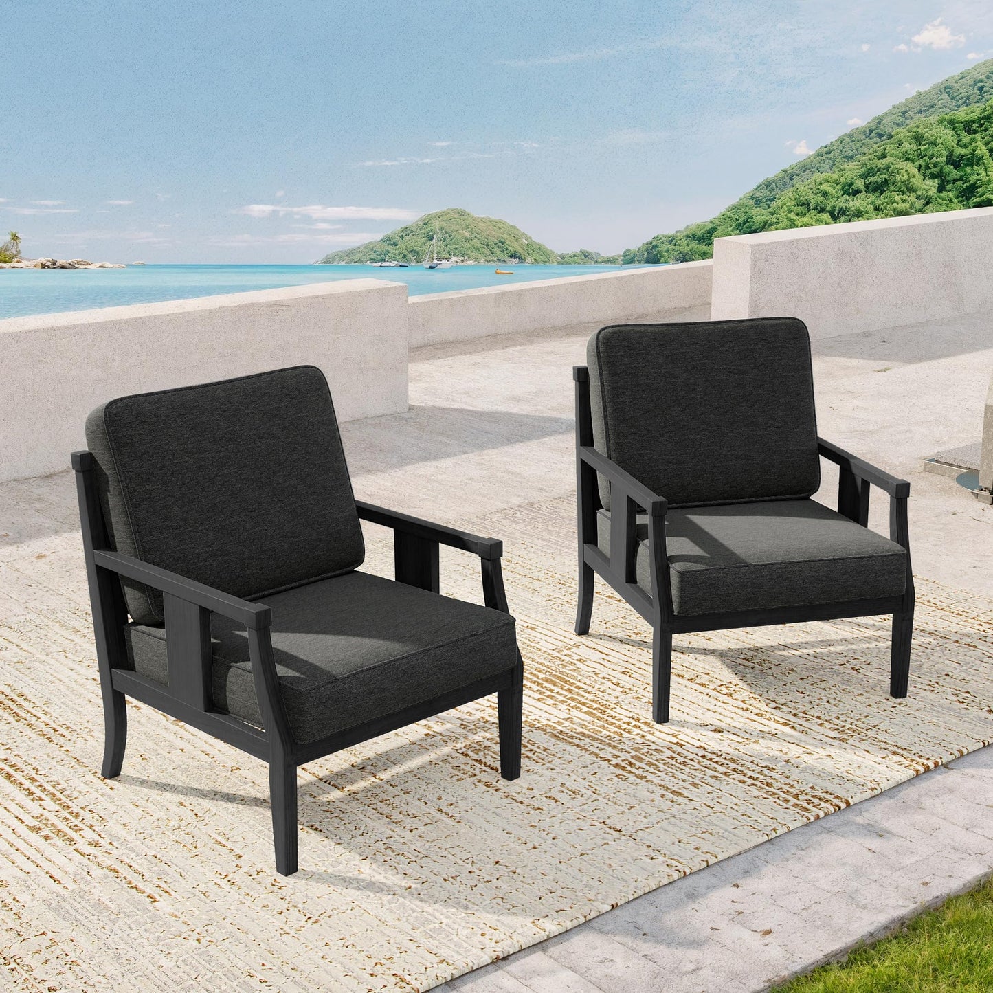 Outdoor Patio Armchairs Set of 2, All-Weather Solid Wood Patio Furniture Sets, Outdoor Sofa Chairs with Washable Thick Cushions for Porch, Balcony, Deck, Black Frame & Gray Cushion
