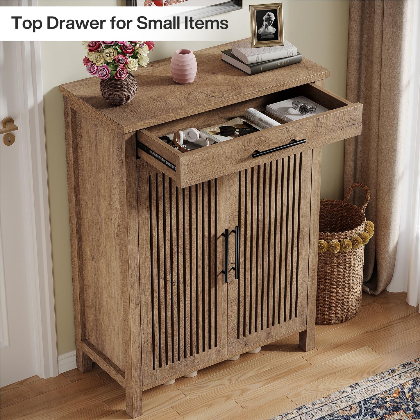 Tribesigns Shoe Cabinet, 5-Tier Shoe Storage Cabinet with Louvered Doors and Drawer, Freestanding Wooden Shoe Rack Organizer with Adjustable Shelves for Entryway, Hallway, Closet, Brown