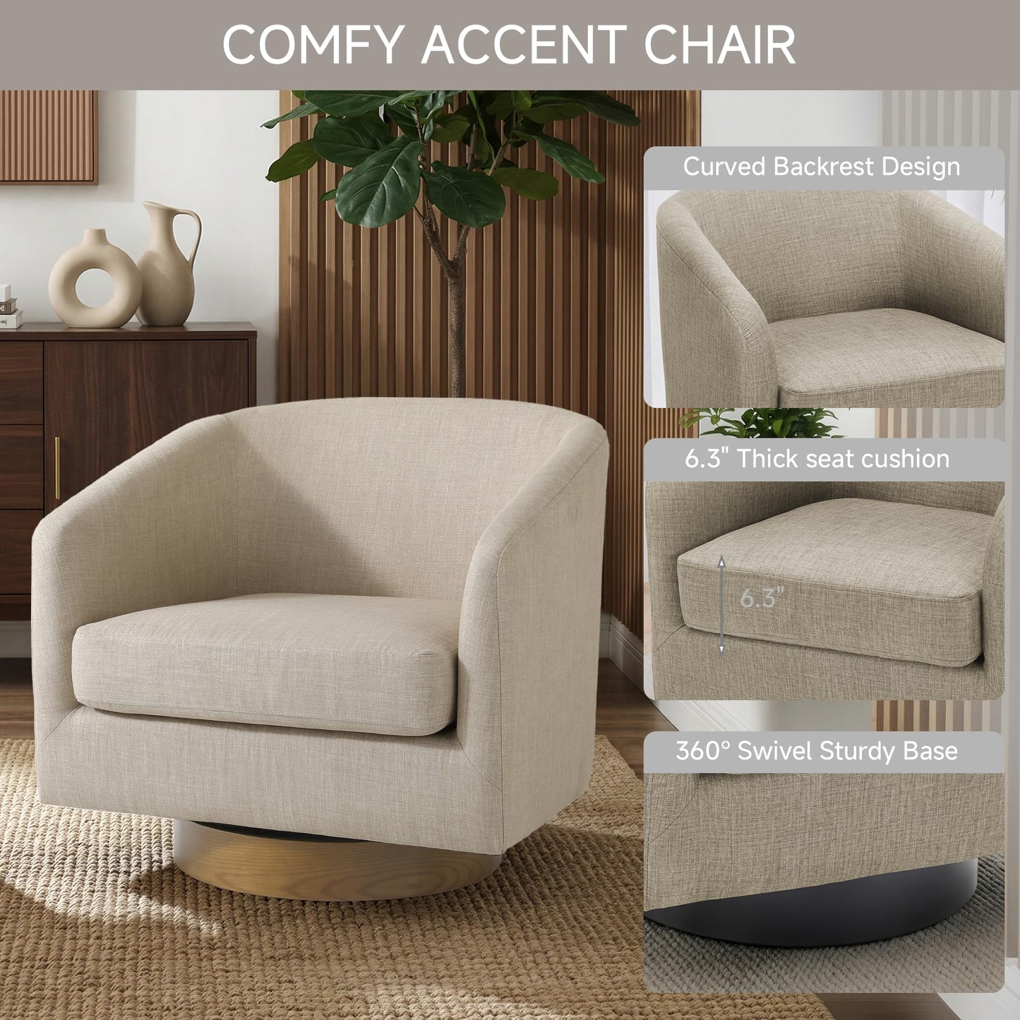 Swivel Barrel Chairs Set of 2, 31" W Modern Faux Leather Round Swivel Accent Chair for Living Room, 360° Rotation Upholstered Armchair Club Chair for Bedroom, Reading Room, Office (Brown)