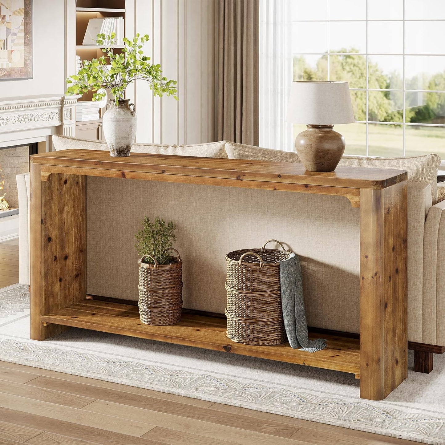 2-Tier Wooden Sofa Table, 63" Behind the Couch Table, Farmhouse Console Table, Solid Wood Entryway Table with Storage for Living Room, Entrance, Foyer, Hallway (Rustic Brown)