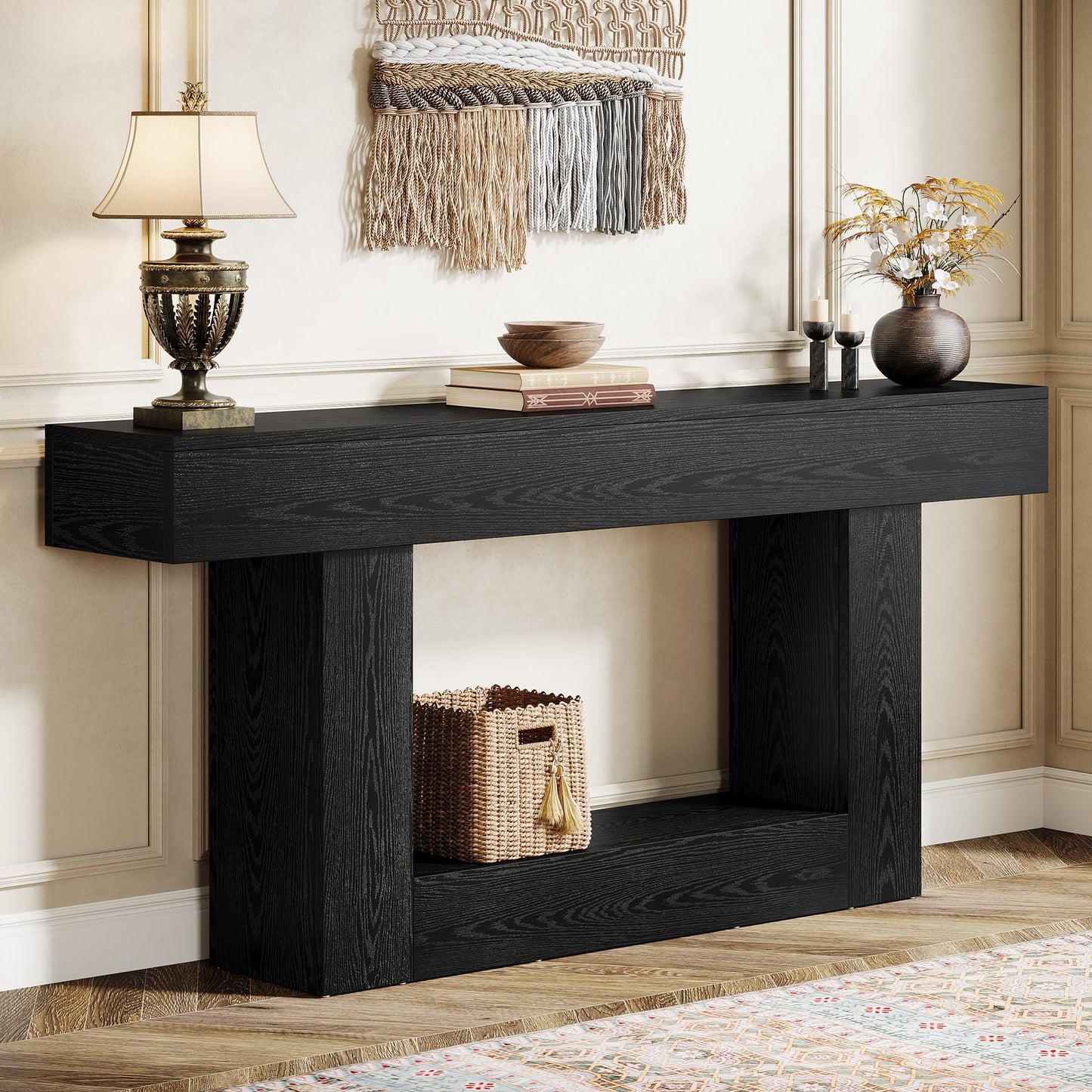 Tribesigns 63" Console Table, Farmhouse 2-Tier Entryway Table with U-Shaped Base, Narrow Long Wood Sofa Table Behind Couch Table for Living Room, Hallway, Foyer, Vintage Brown & Gray | Farmhouse
