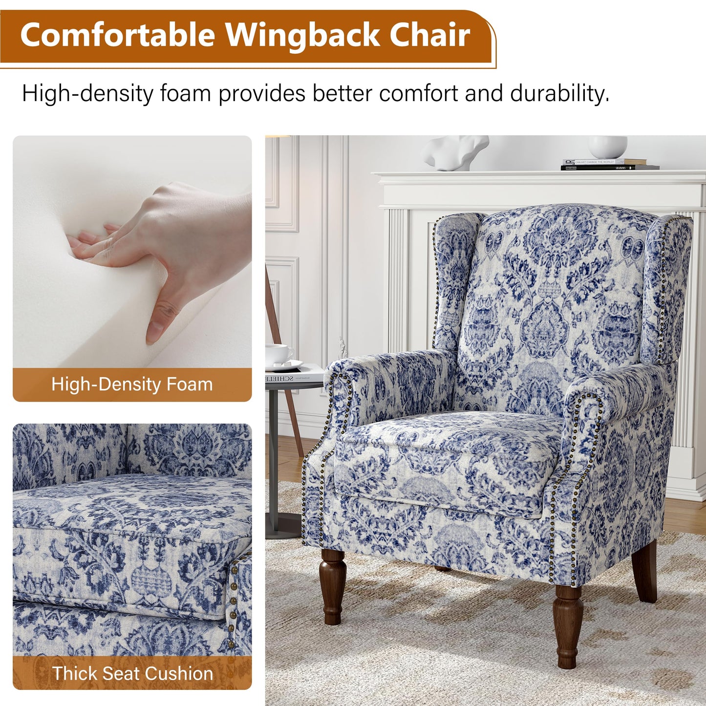 Floral Wingback Accent Chair, High Back Upholstered Armchair, Comfy Fabric Wingback Arms Chairs with Solid Wood Legs, Single Sofa Reading Chair for Bedroom Living Room, Beige