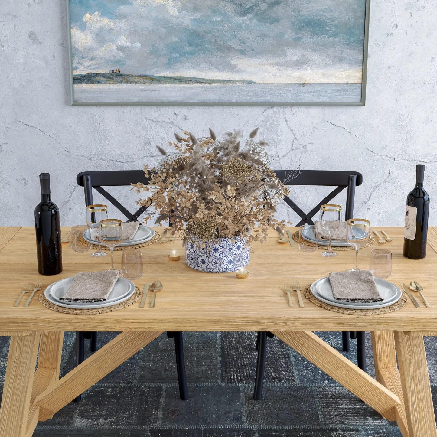 Grain Wood Furniture Solid Wood Cascais 72" Rectangular Table with Farmhouse Base in Blonde Oak Top and Base