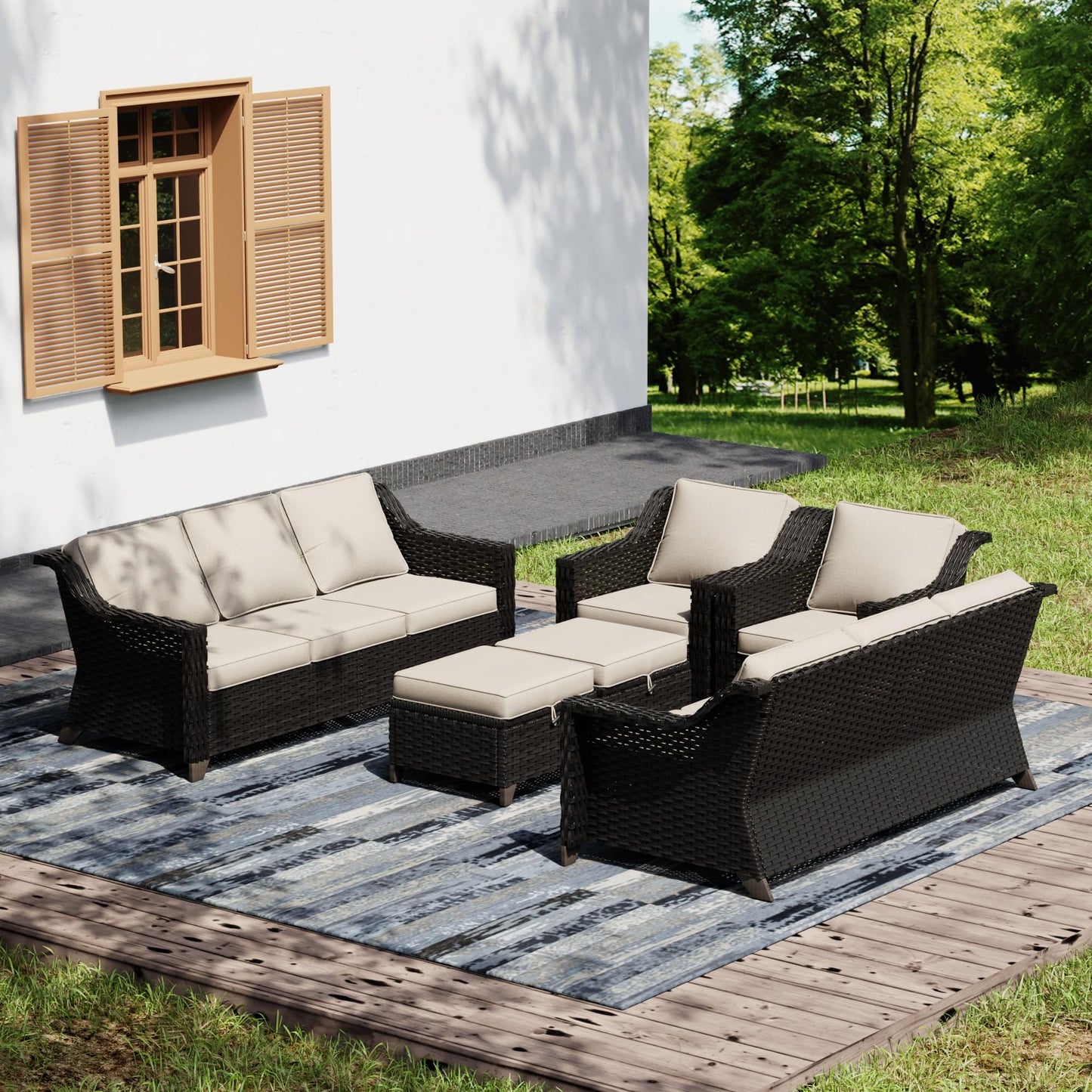 Joyside Patio Sofa - 3 Seater Rattan Sofa, All Weather High Back Sofa, Upgraded Large Size with 4inch Seat Cushions for Backyard, Garden, Poolside (Brown/Blue)